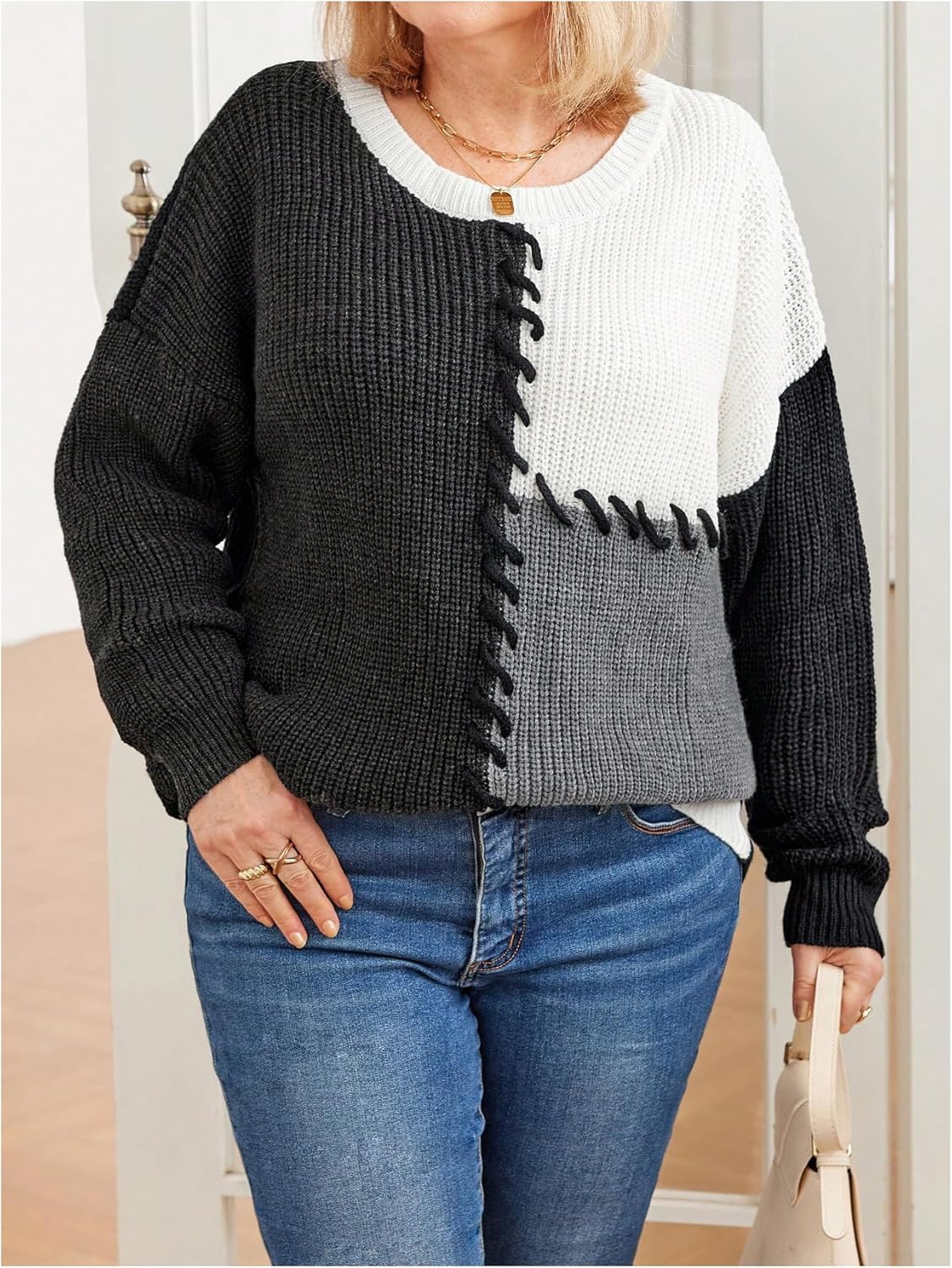 MakeMeChic Women's Plus Size Fall Sweater 2025 Crew Neck Long Sleeve Color Block Knitted Pullover Tops - Image 5