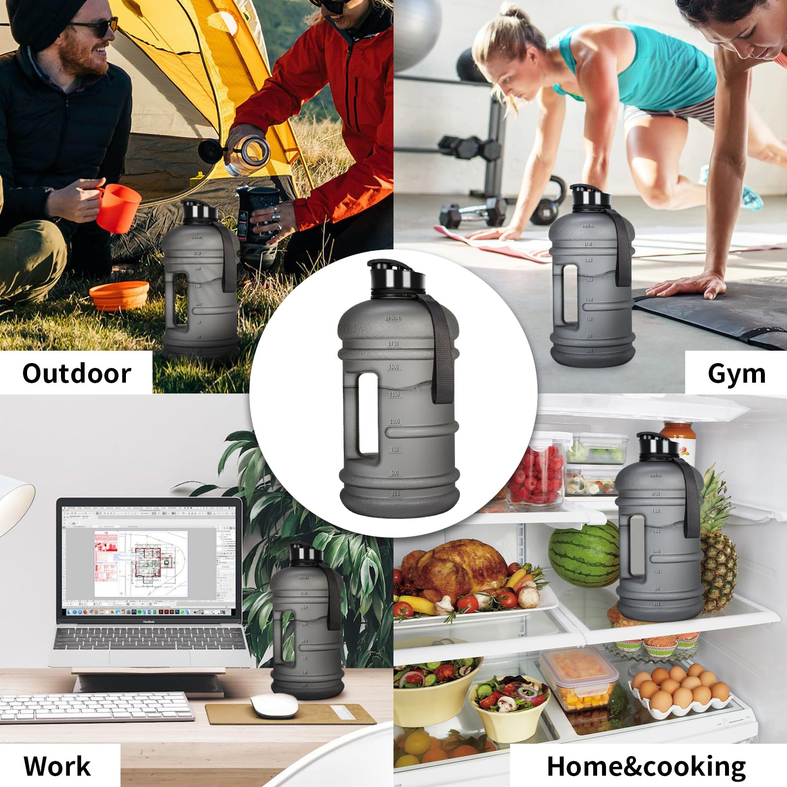 TOOFEEL Botellas de agua de 2 litros, botella de agua de medio galón sin BPA, ideal para gimnasio, jarra de agua de medio galón, botella de agua grande reutilizable con medidas marcadas, botella de