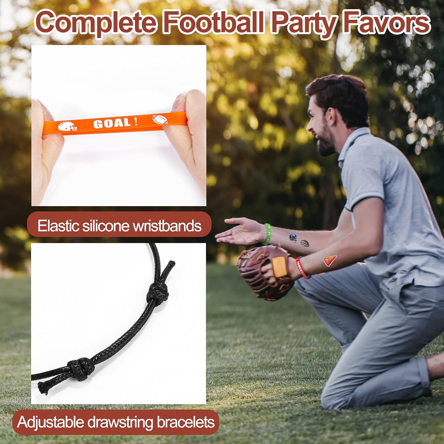 Elcoho 134-Piece Football Party Favors Set Drawstring Goodie Bags Bracelets Keychains Silicone Wristband Tattoo Stickers Mini Football Whistles for Sport-themd Party Supplies Birthday Gifts - Image 3