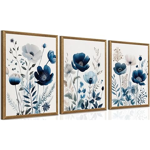 DUWQU 3 Pcs Blue Floral Canvas Wall Art, Wood Framed Navy Blue Wildflower Lily Daisy Art Wall Decor, Watercolor Botanical Flower Home Poster Art Prints for Living Room Bedroom Bathroom 12×16 Inches