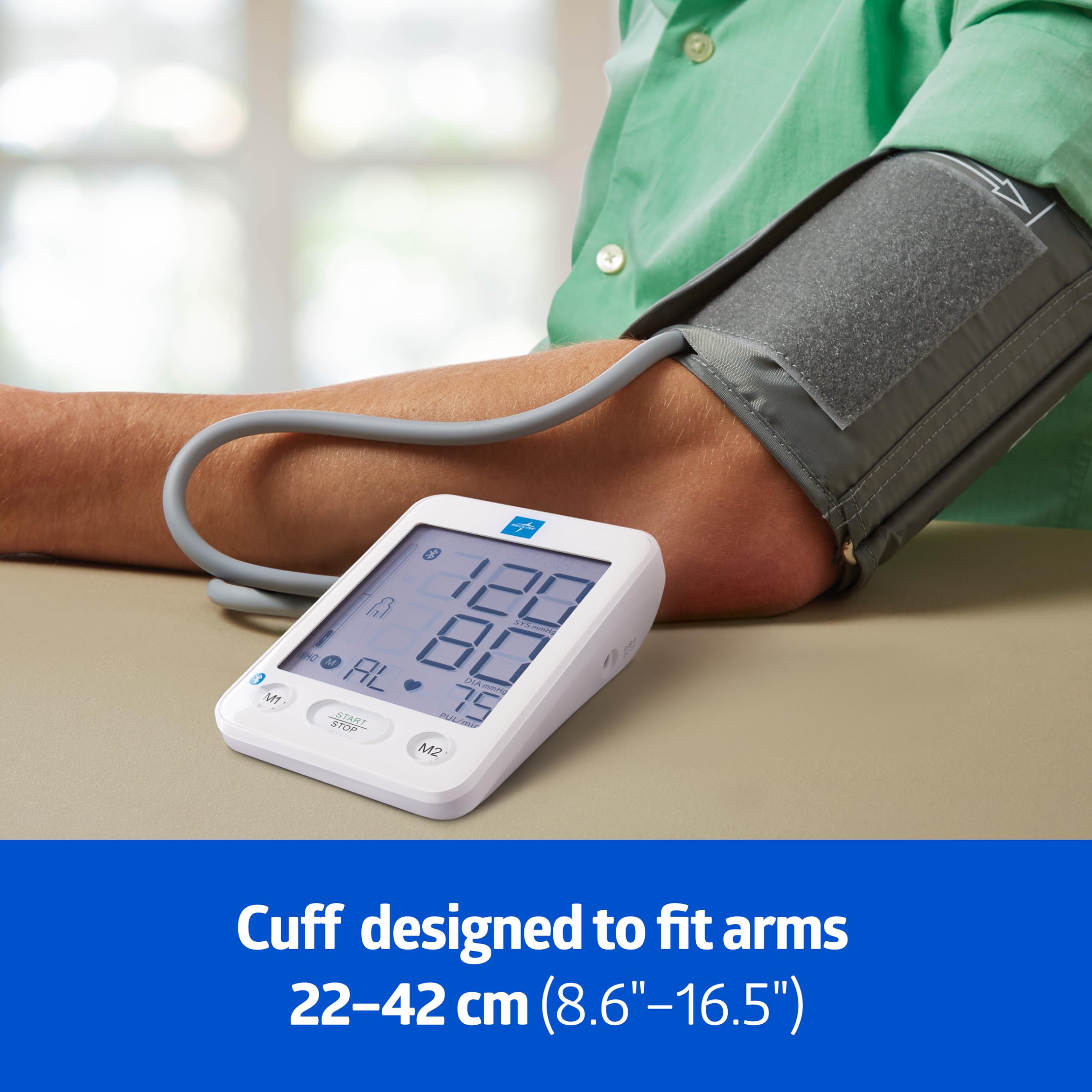 Medline Monitor ciśnienia krwi Bluetooth, uniwersalny mankiet na ramię, cyfrowy wyświetlacz LCD, integracja z aplikacją zdrowotną, przechowuje do 120 odczytów, etui i baterie w zestawie