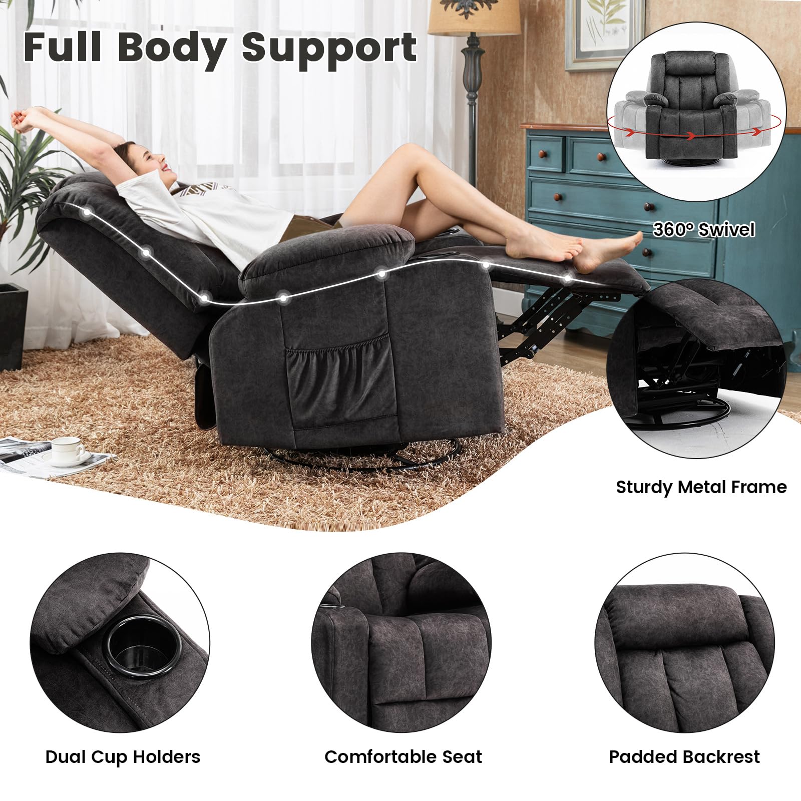 COMHOMA Sillón Reclinable Manual Giratorio para Adultos con Respaldo y Reposapiés Ajustables, Silla de 360° para Salón, Portavasos, Bolsillos Laterales, Tejido Suave, Soporte Ergonómico, Gris