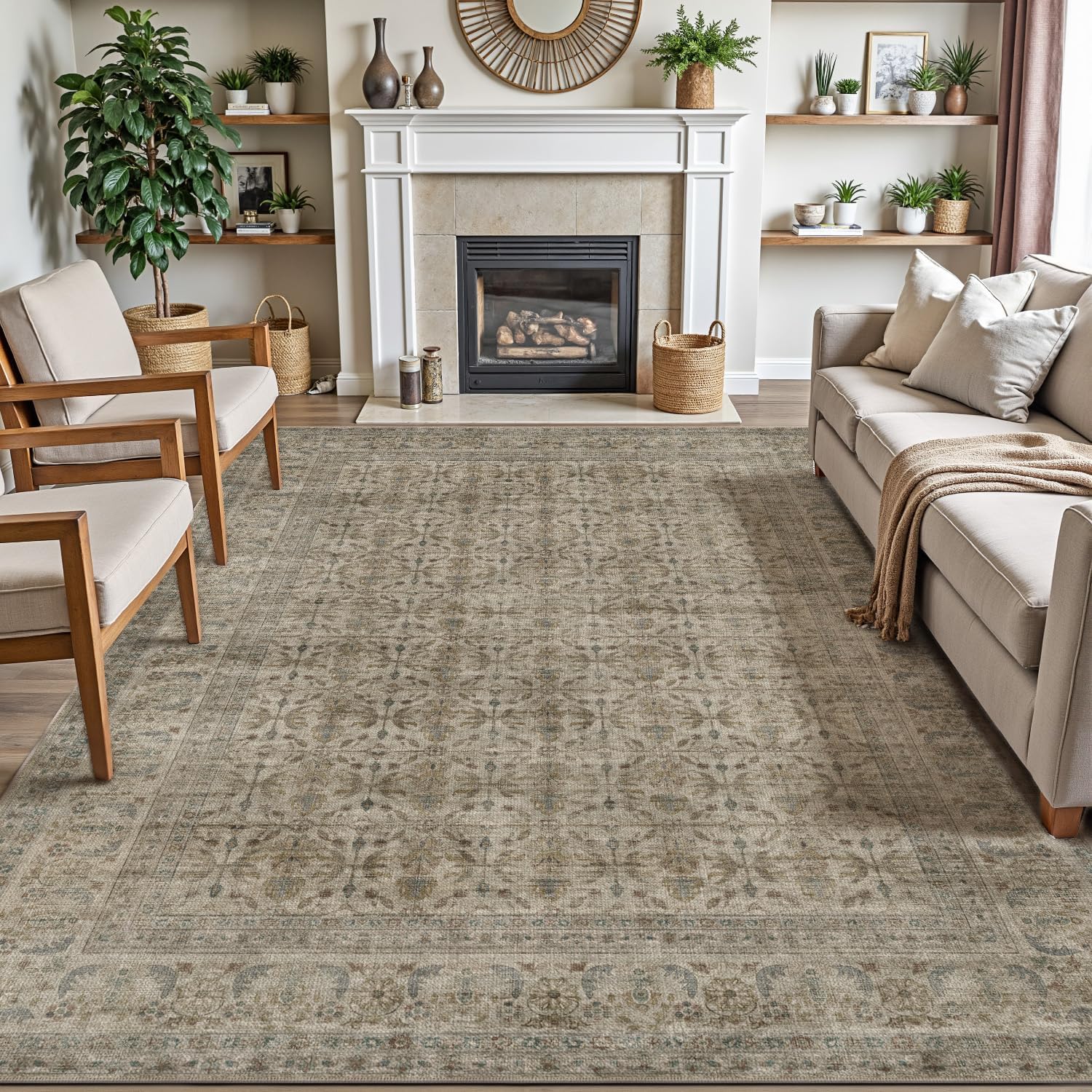 DEXI Area Rugs for Living Room, 5x8 Washable Low Pile Vintage Traditional Rug for Bedroom, Non Slip Indoor Carpet for Dining Office Nursery, Dark Taupe