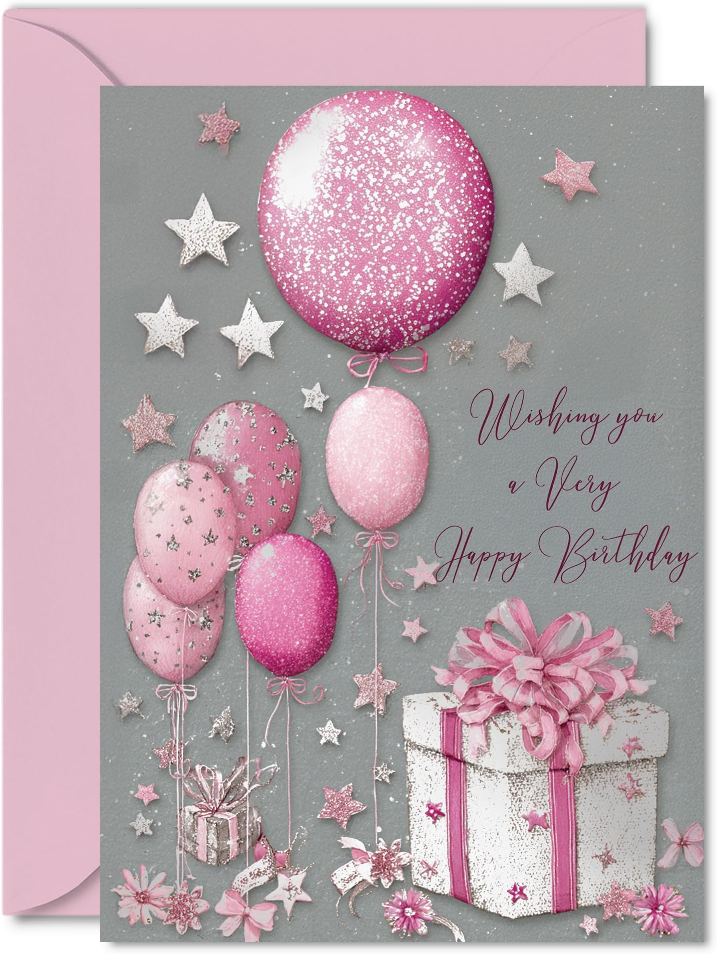 Silver Family Birthday Card - Silver and Pink Presents - Happy Birthday Card for Family from Colleague Friends, 5x7 Inch Bright and Joyful Bday Greeting Cards