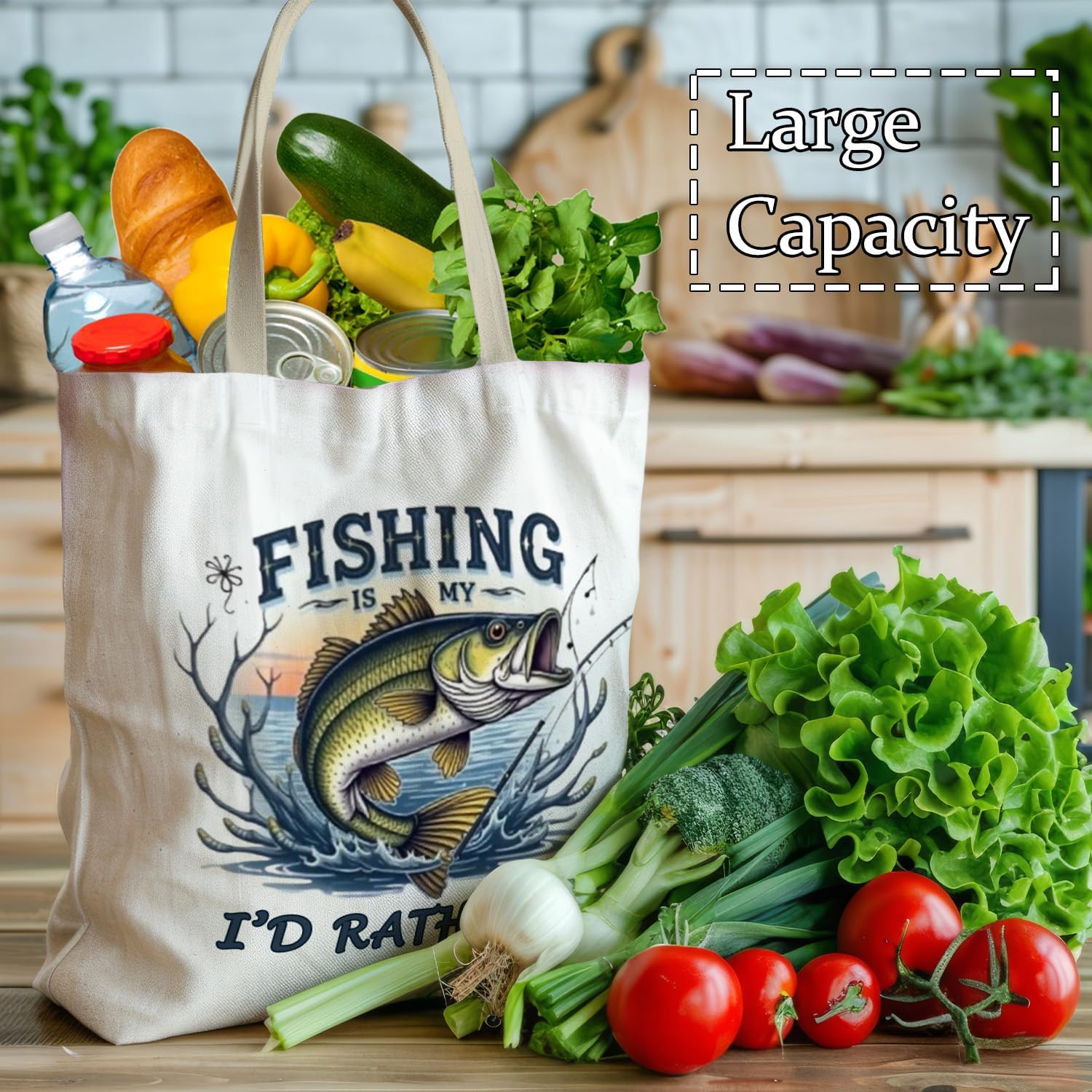 Fishing Camping Tote Bag, I'D Rather Be Fishing Bag, Fisherman Gifts, Funny Fishing Gifts for Men Dad Grandpa Women,Reusable Grocery Bags Shopping Bags - Image 3