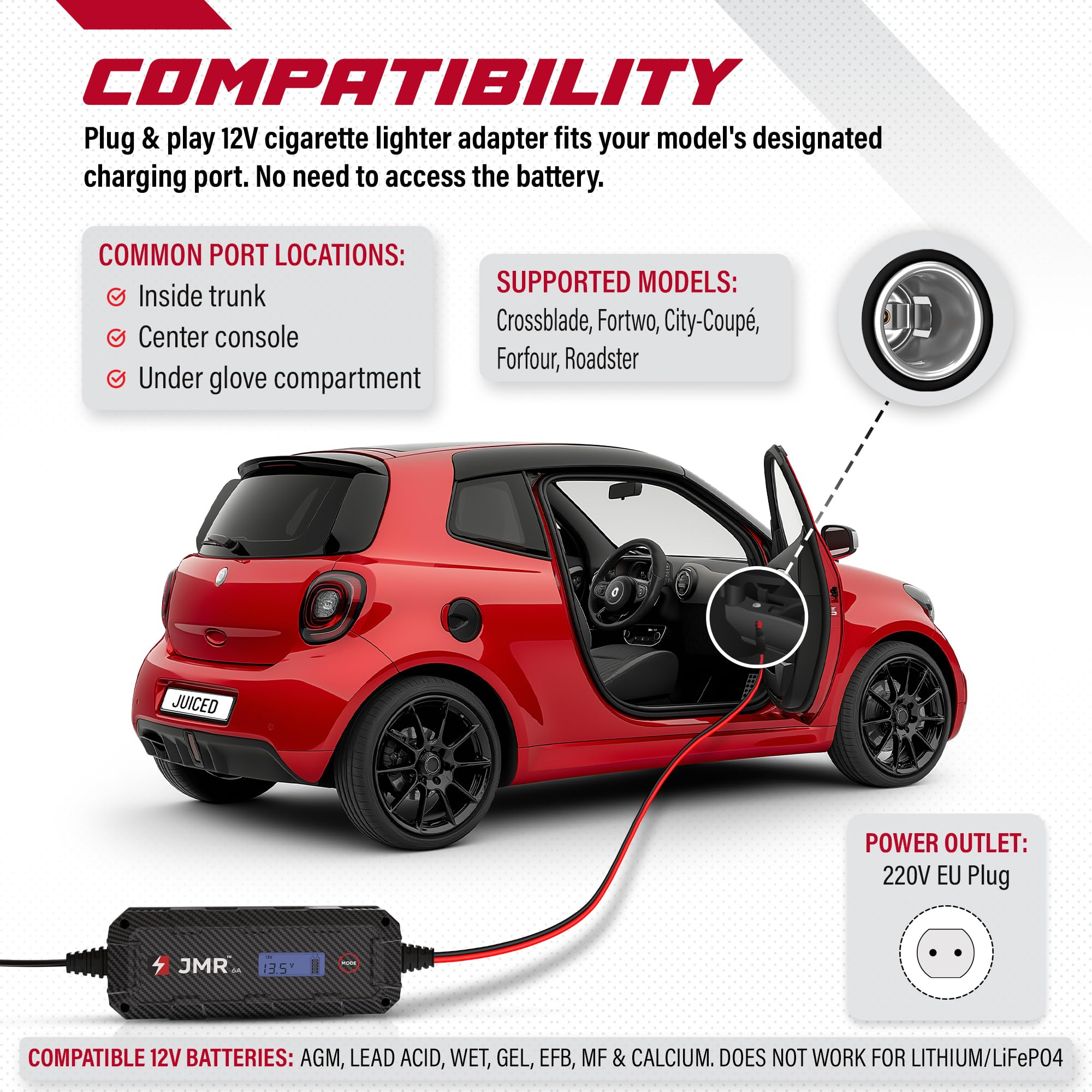 JMR Battery Charger for Smart Crossblade Fortwo City-Coupé Forfour Roadster All Models Trickle Charger Conditioner Maintainer (No Lithium Mode)