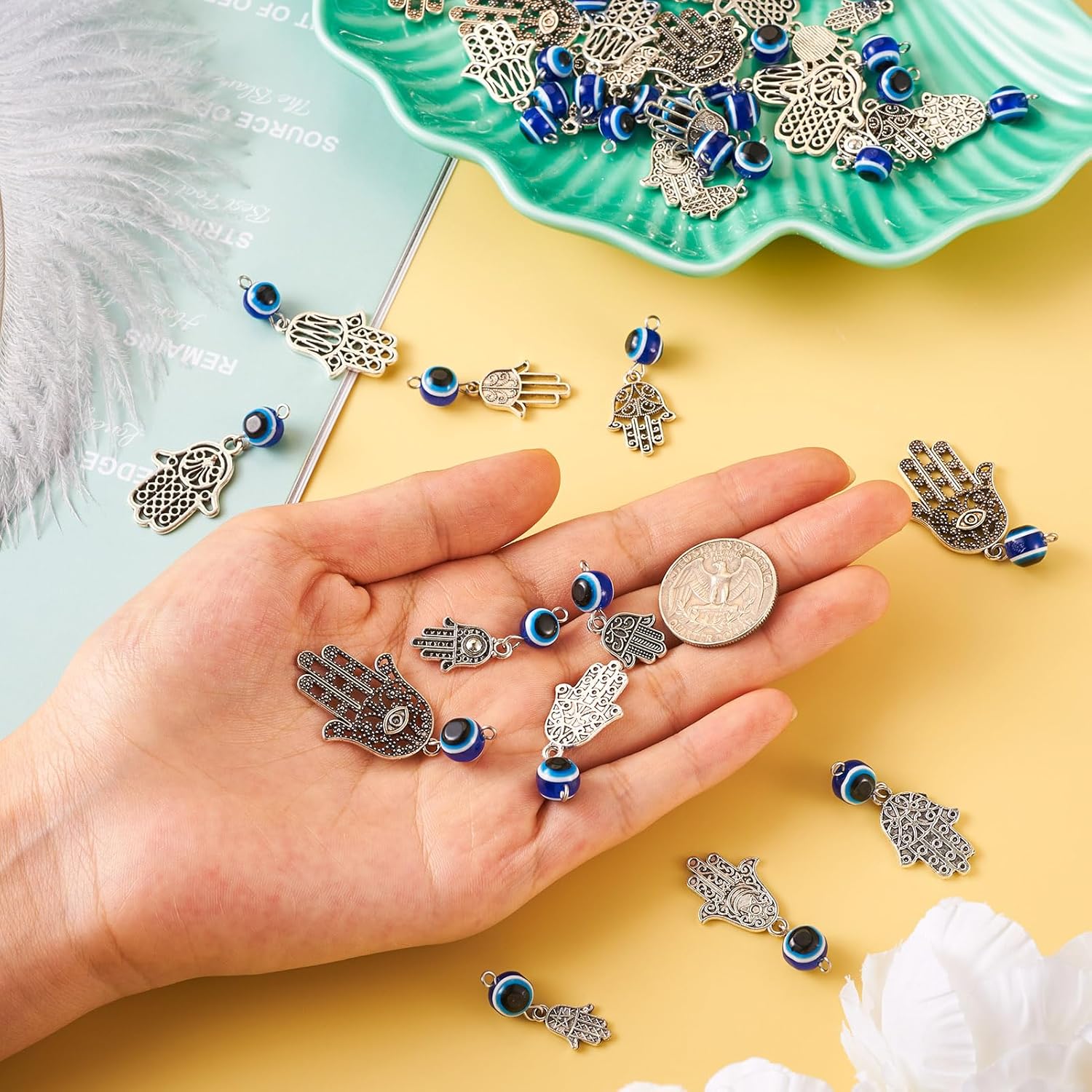 60pcs Tibetan Style Pendant with Evil Eye Antique Silver Flower Eye Sea Turtle Owl Butterfly Charms - Image 7