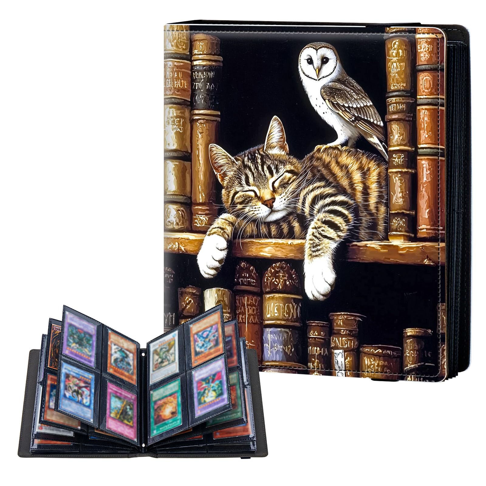 ETLKJVBL 4 Pocket Trading Card Binder, Card Collection Binder for TCG, MTG, Sports Cards, Baseball, Striped Cat Books Shelf Trading Card Book Holder for Collectors, Top Loader Binder
