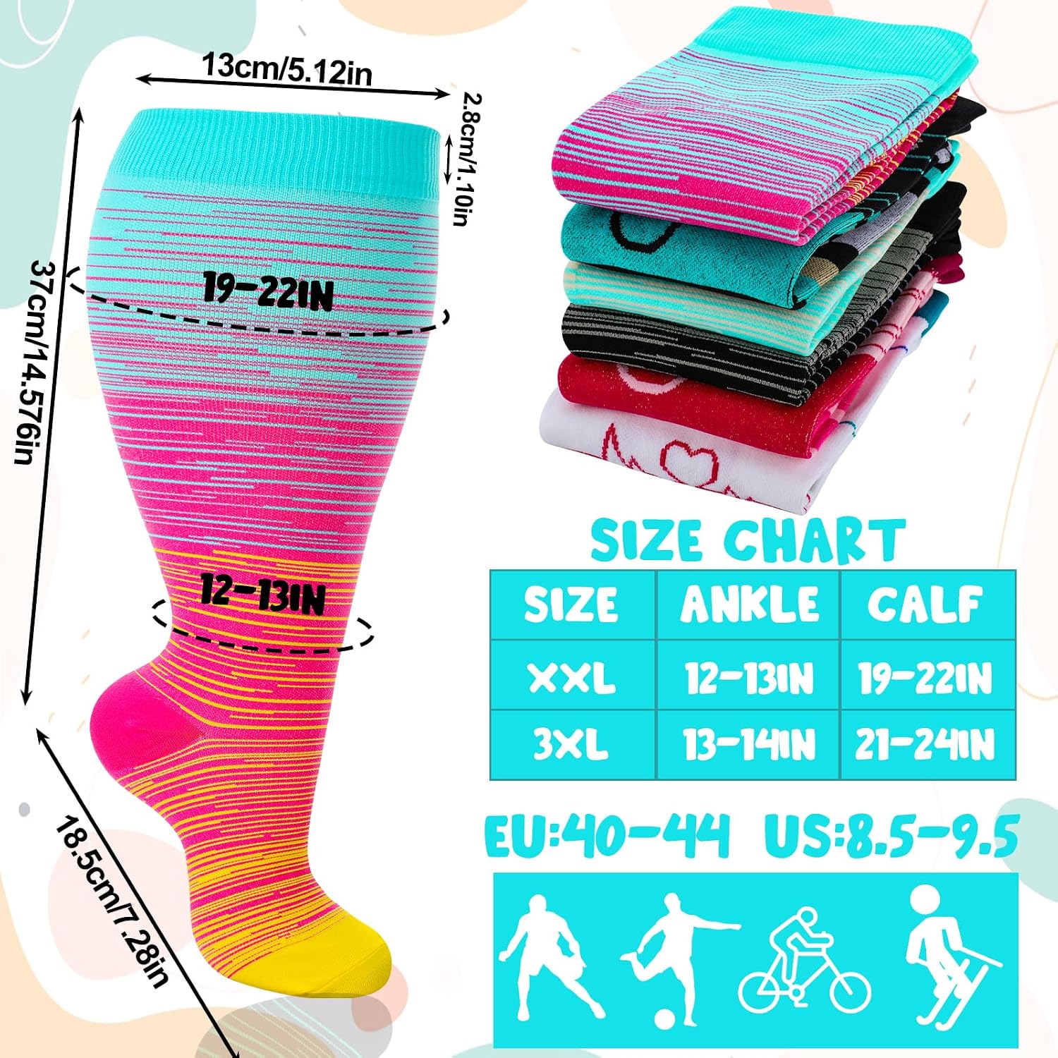 Jspupifip 6 Pairs Plus Size Compression Socks for Women Wide Calf Extra Large Knee High Support for Travel Yoga Running Circulation