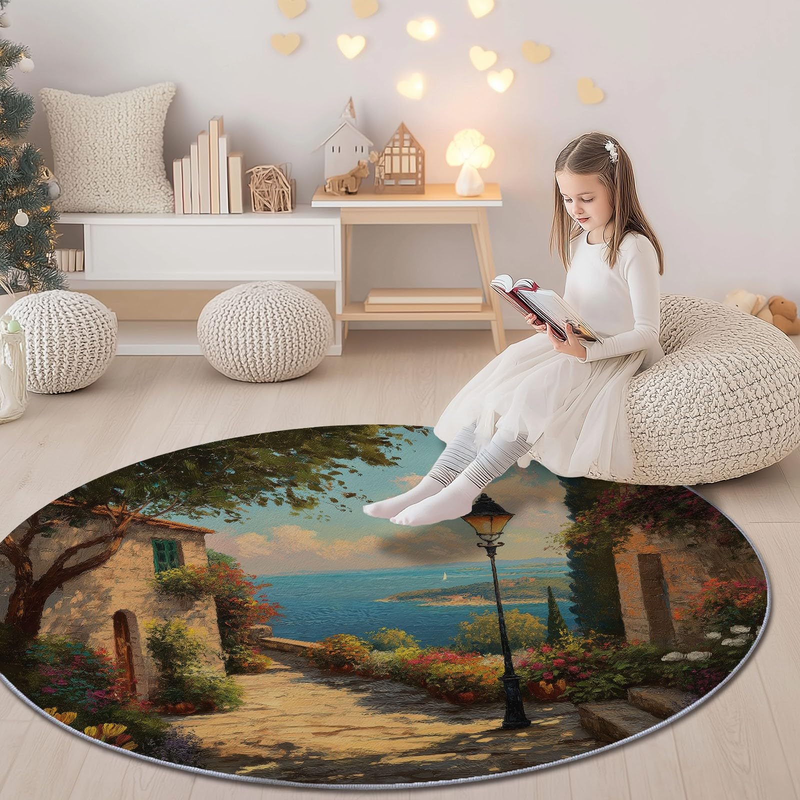 Genérico Alfombra Redonda para Comedor Paisaje Natural Motivo Alfombra Antideslizante Suave y esponjosa para Sala de Estar, Dormitorio, habitación Infantil, 150 cm, Vistoso