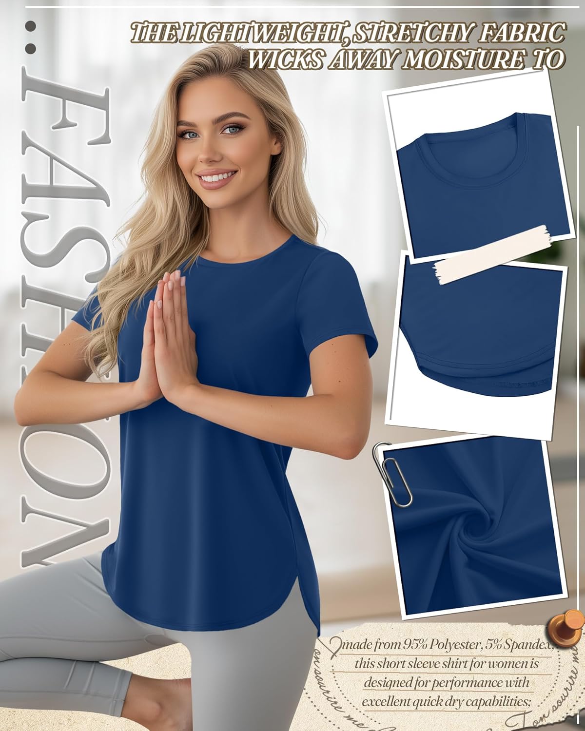 5 Pack Women's Workout Tops Athletic UPF 50+ T-Shirts Quick Dry Crewneck Short Sleeve Tees with Side Slits Shirts(Black, White, Light Pink, Light Blue, Denim Blue,Small)