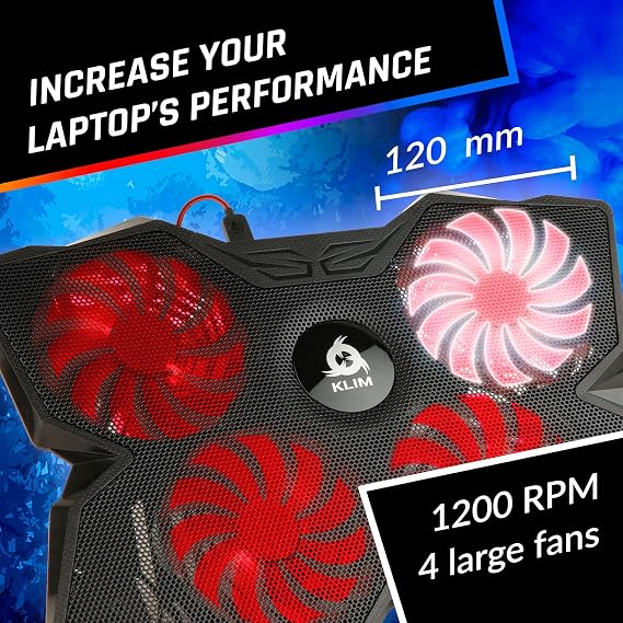 KLIM Wind Laptop Cooling Pad - Support 11 to 17 Inch Laptops, PS4-4 Fans - Light, Quiet, Powerful Cooling - Gamer USB Slim Portable Laptop Stand - NEW 2021 Version - Black