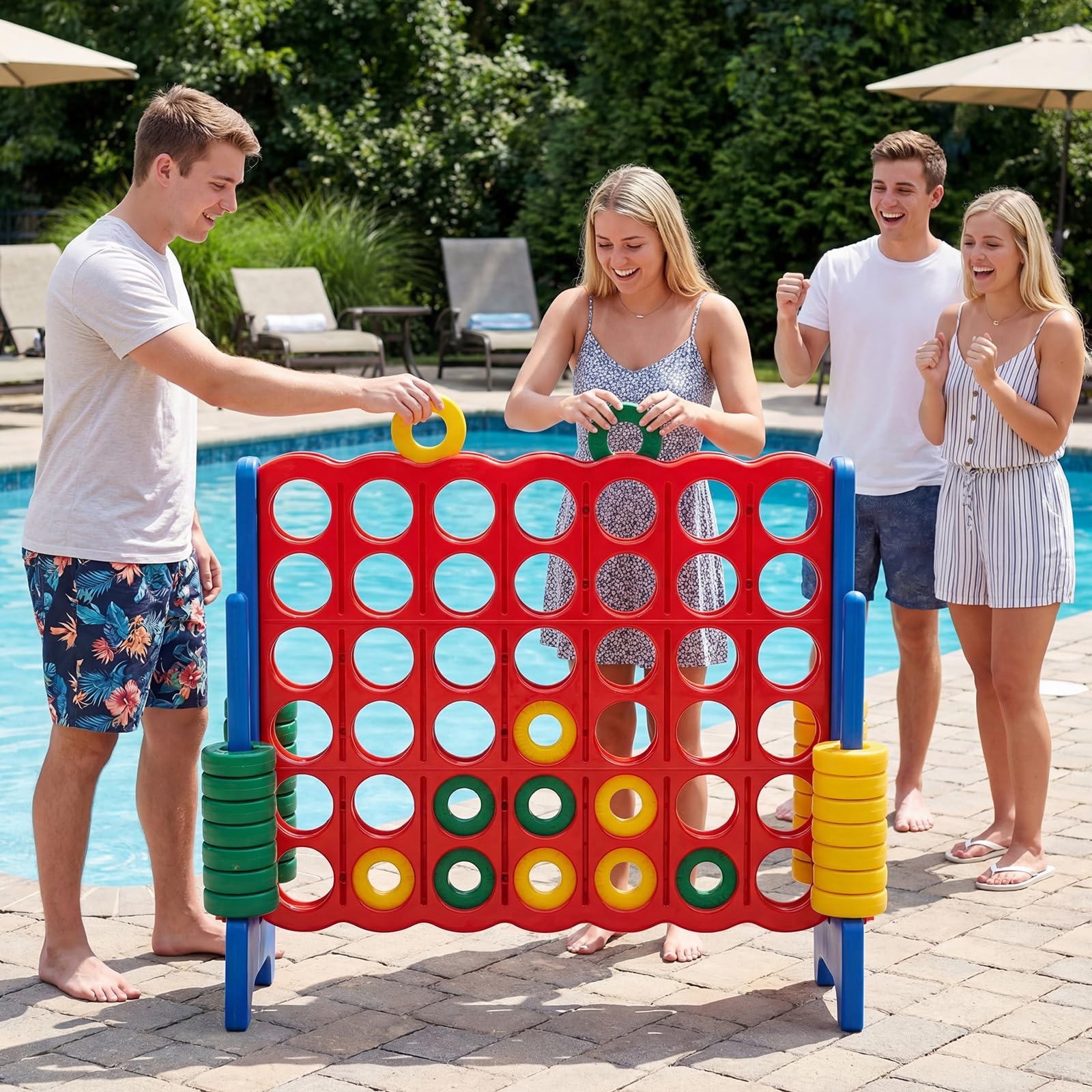 GOPLUS Puissance 4 Géant avec 42 Anneaux, Levier, Porte-Anneaux Latéraux, Plateau en Plastique, Jeu de Société Éducatif 4-en-Ligne pour Réunions de Famille Intérieur/Extérieur, 2-4 Joueurs (Bleu)