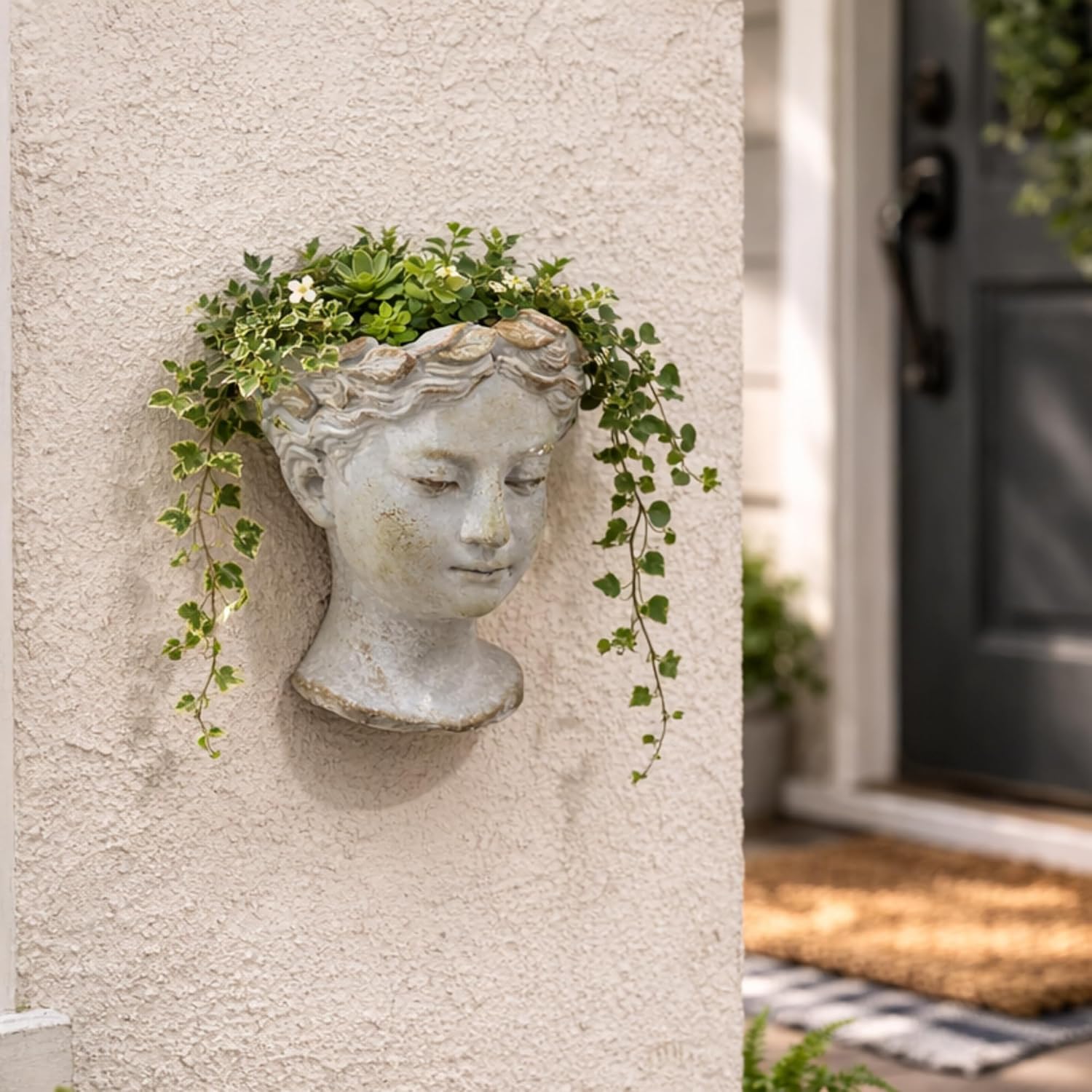 Distinctive Designs Wall Mounted Greek Roman Style Female Head Statue Planter - Small Cement Plant Pot for Indoor Outdoor Home Garden Decor - Artistic Sculpture Plant Holder