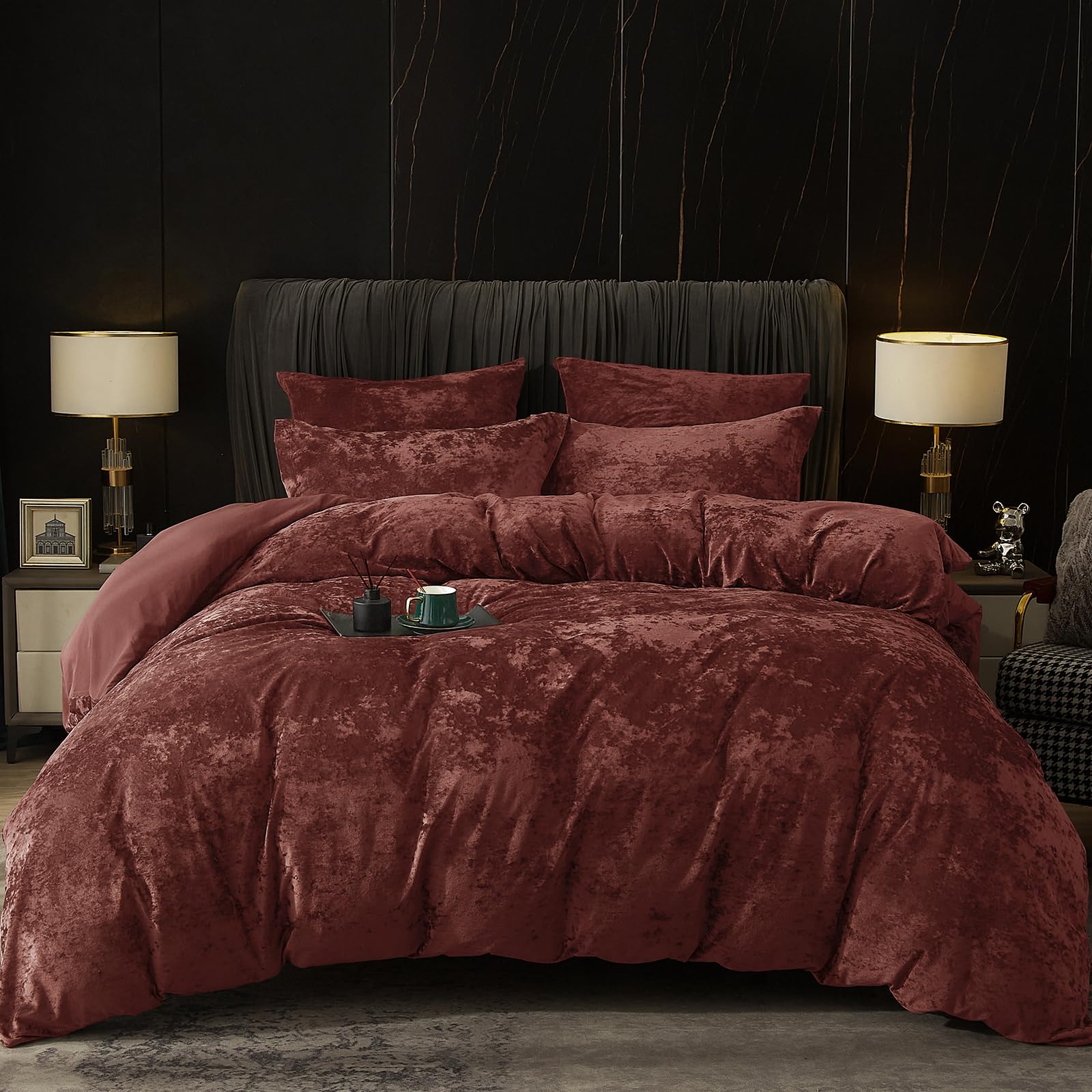 phf truly velvet duvet cover set twin size, 2pcs ultra soft breathable comforter cover set, luxury cozy flannel duvet cover with pillow shams bedding collection, 68" x 90", burgundy/rust red