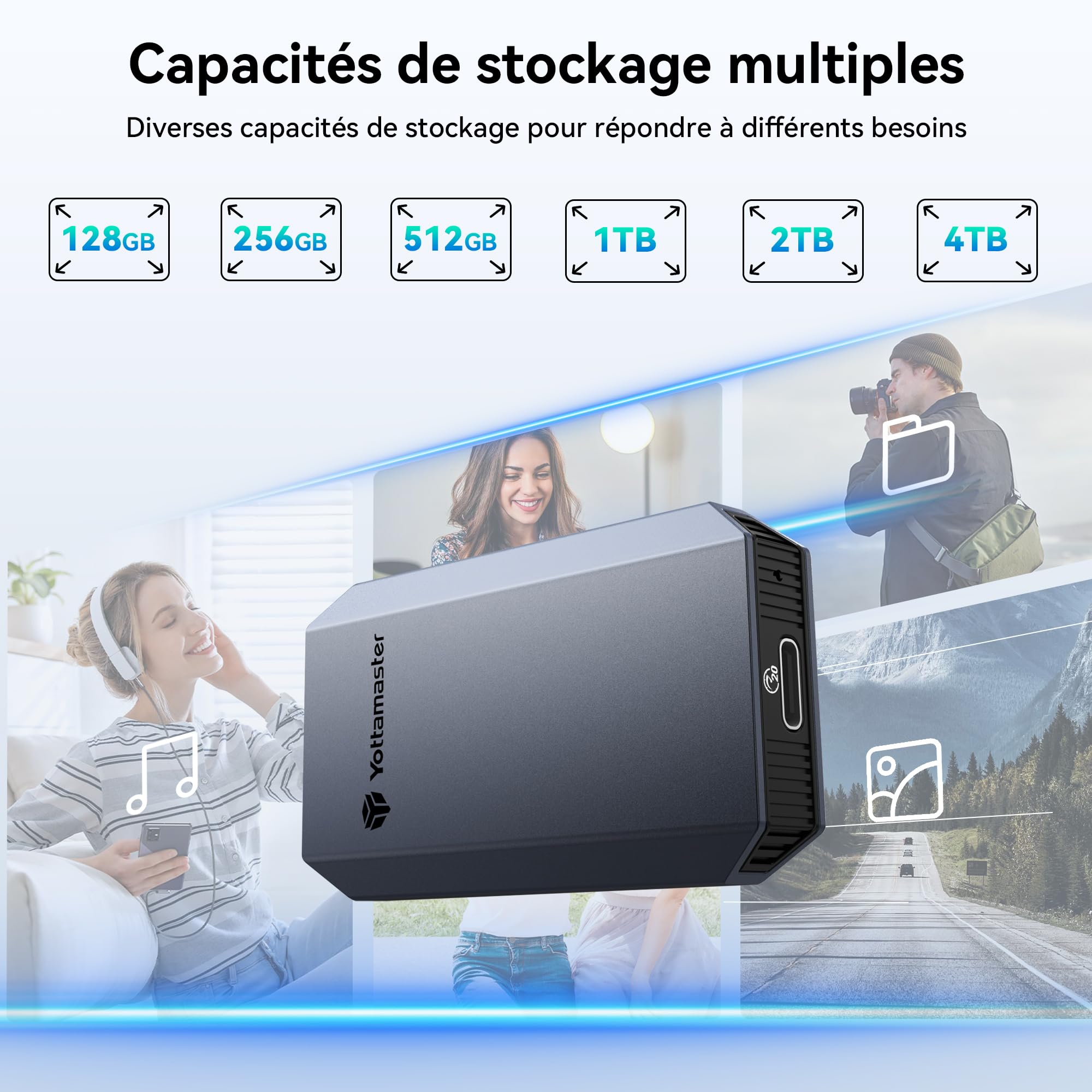 Yottamaster 1TB SSD Externe, Jusqu'à 2000MB/s USB 3.2 Gen 2 x 2, 2-en-1 câble USB-C/A avec Dragonne Prise en Charge 4K ProRes Compatible avec iPhone 17/16 Pro Max, Smartphone, Tablette, Portable