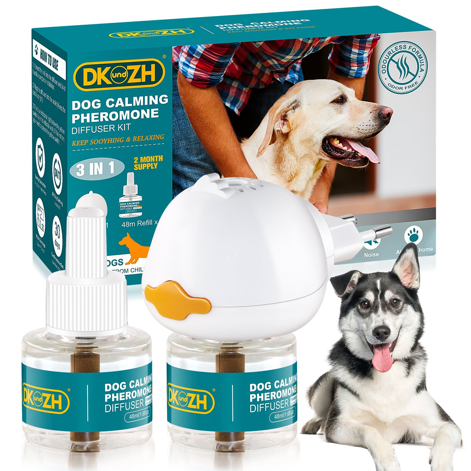 Diffuseur de Phéromones Calmant pour Chien, Calmant Apaisant Prise Phéromones pour Soulage L'anxiété de Séparation, le Stress, les Aboiements et les Mordillements (1 Diffuseur+2 Recharges 48 ML)