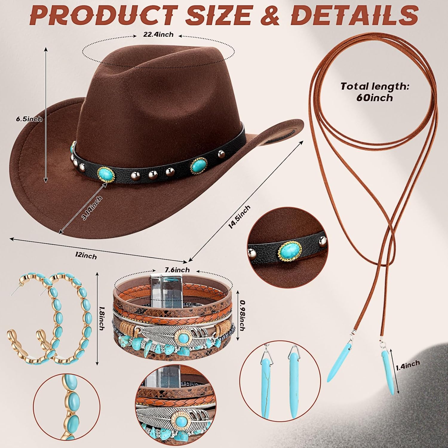 5 Pcs Boho Jewelry Western Hat Set Cowboy Hat Western Belt Boho Pendant Choker Layered Bracelet Dangle Earrings - Image 2