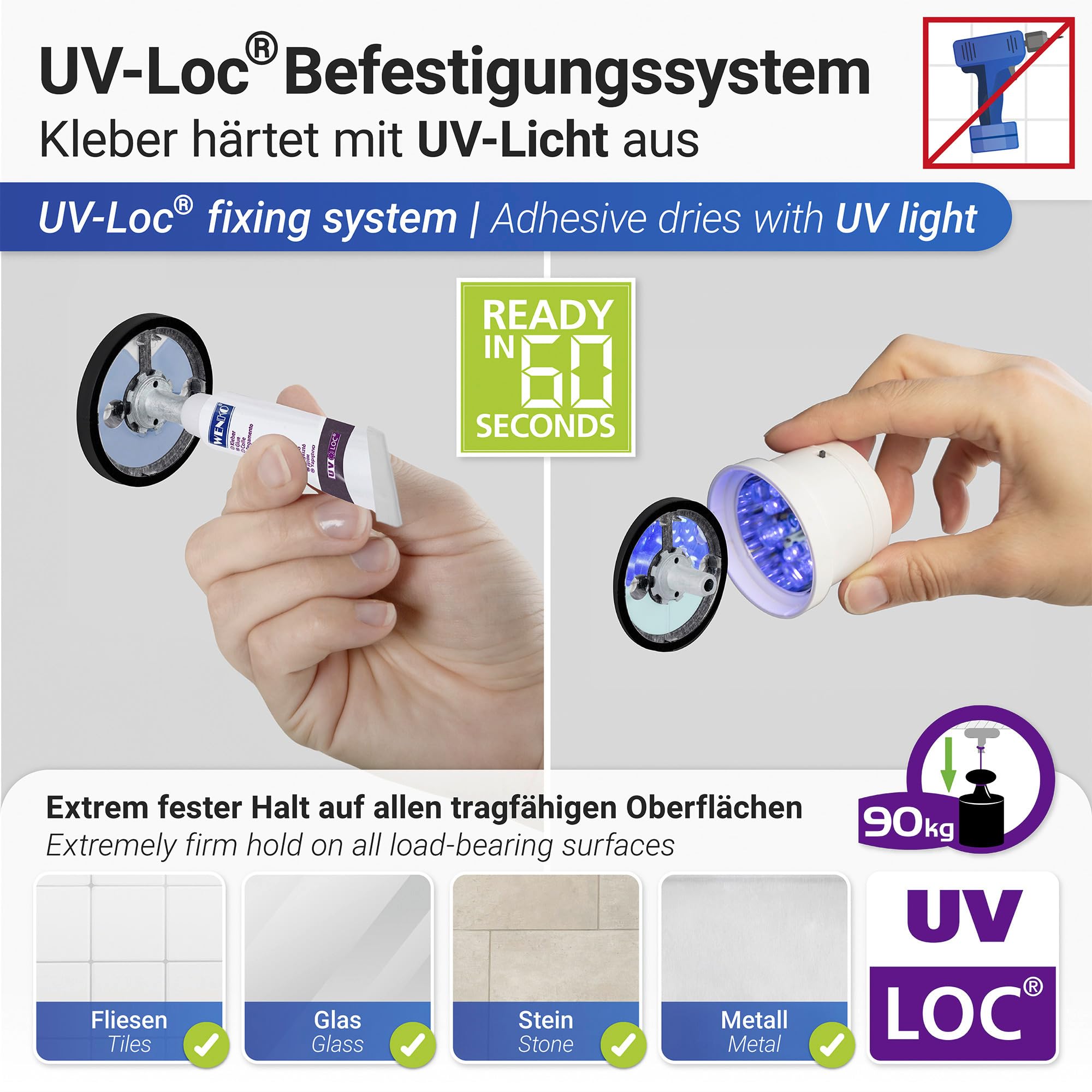 WENKO UV-Loc® Badetuchstange UNO Isera, Wand-Handtuchhalter aus Vierkantrohr zum Befestigen ohne Bohren mit innovativem Klebesystem, Wandmontageplatte aus Zinkdruckguss, rostfrei, 59,5 x 5 x 7,5 cm
