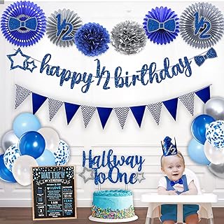 Half Birthday Decorations Baby Boy, Hombae 1/2 Birthday Boy Decorations Supplies, 6 Months Birthday Decorations Boy, Blue Glitter Half Birthday Banner with Triangle Flag Banner, 1/2 Birthday Hat Crown with Blue Bow Tie, Halfway to One Cake Topper, Blue Grey Paper Fans & Pom Poms with Cute 1/2 Tie Cutouts