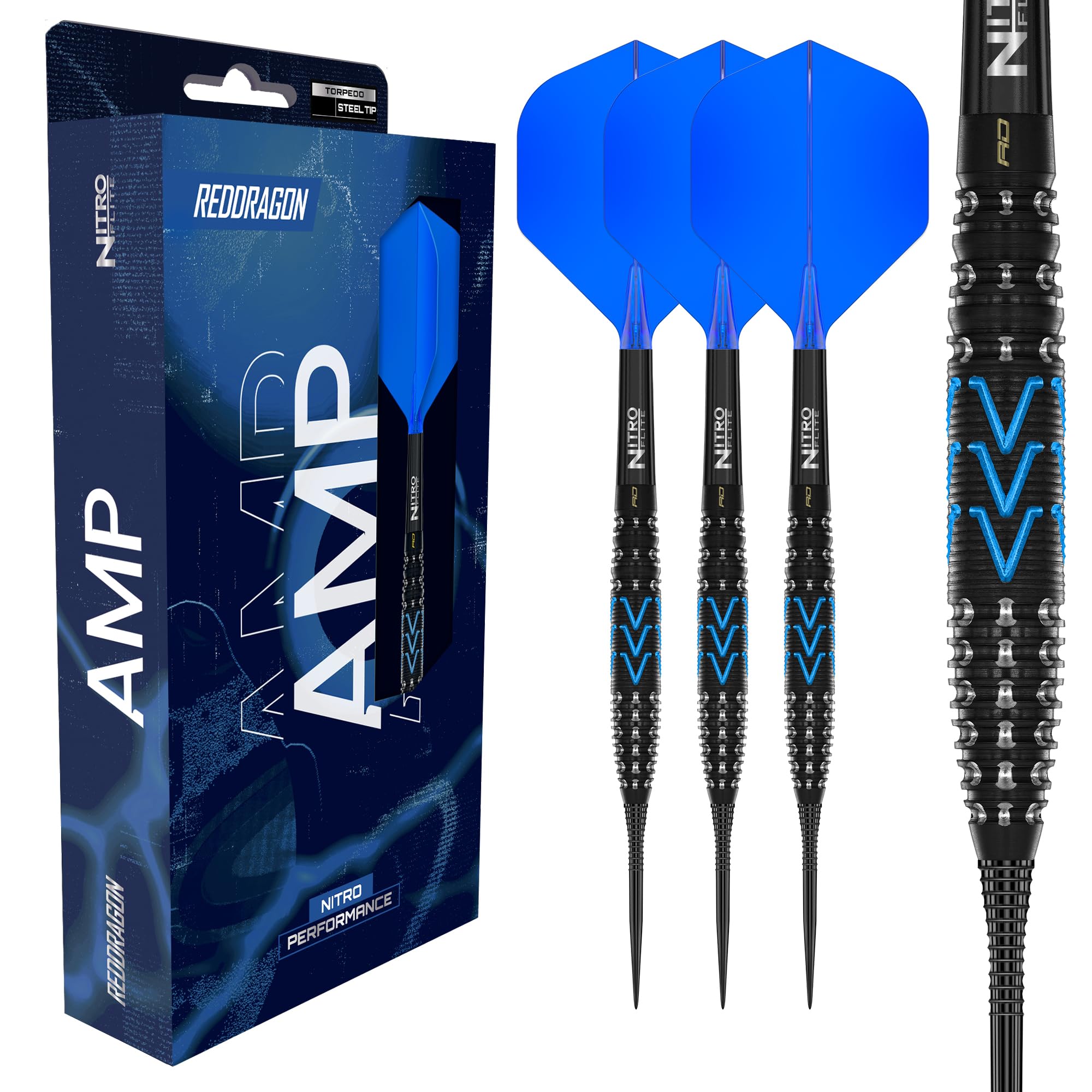 RED DRAGON Darts - AMP Series - 26g Torpedo Barrel - Steel Tip Dart Set - 90% Professional Tungsten Darts Set - Nitro Flite Integrated Flight/Shaft, Dart Flights & Stems