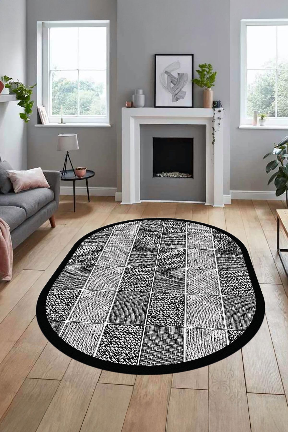 Evdeya Dijital Kaymaz Taban Yıkanabilir Jüt-Hasır Desenli Oval Mutfak Yolluk Salon Halısı O-JÜT-02, Gri, 60 x 100