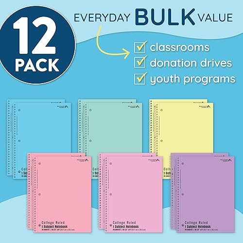 Miniatura 2 de Blue Summit - Cuaderno de espiral pastel con rayas universitarias, cuadernos escolares de una materia, cuadernos perforados a granel, libro escolar