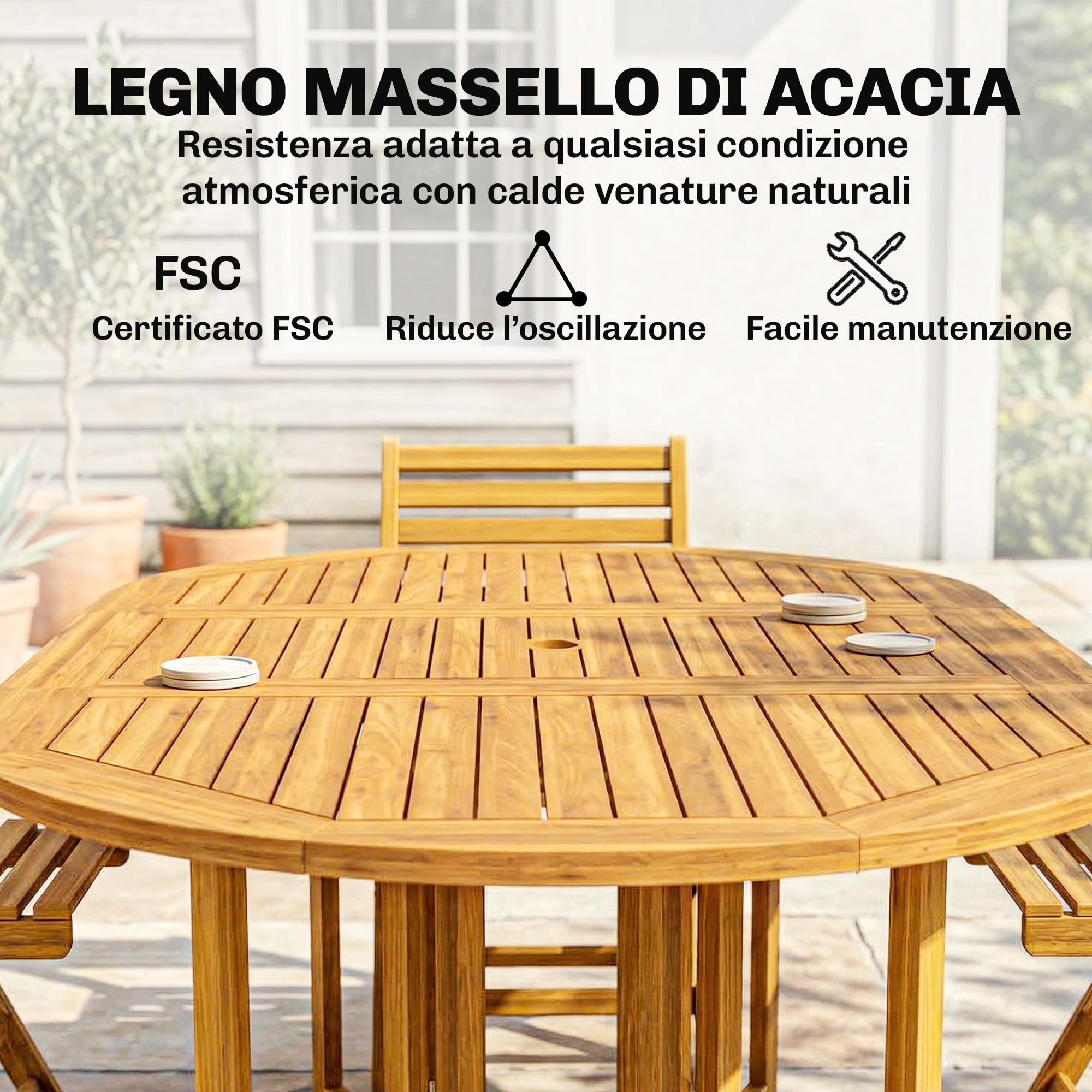 Outsunny Set Tavolo e Sedie da Giardino 7 Pezzi in Legno Acacia Pieghevole con Foro Ombrellone Ruote