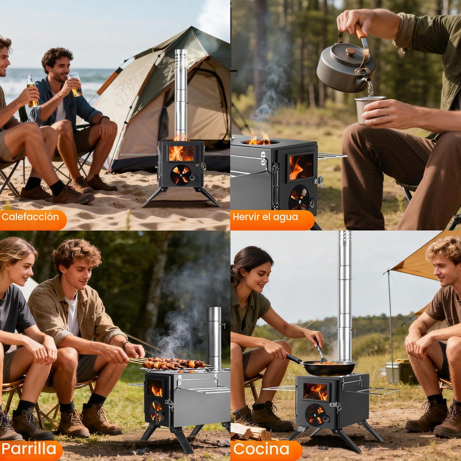 SOPPY Horno de tienda de campaña mini estufa de leña portátil de camping de acero inoxidable estufa de camping horno de jardín con tubos de chimenea horno de taller para tienda de campaña/jardín