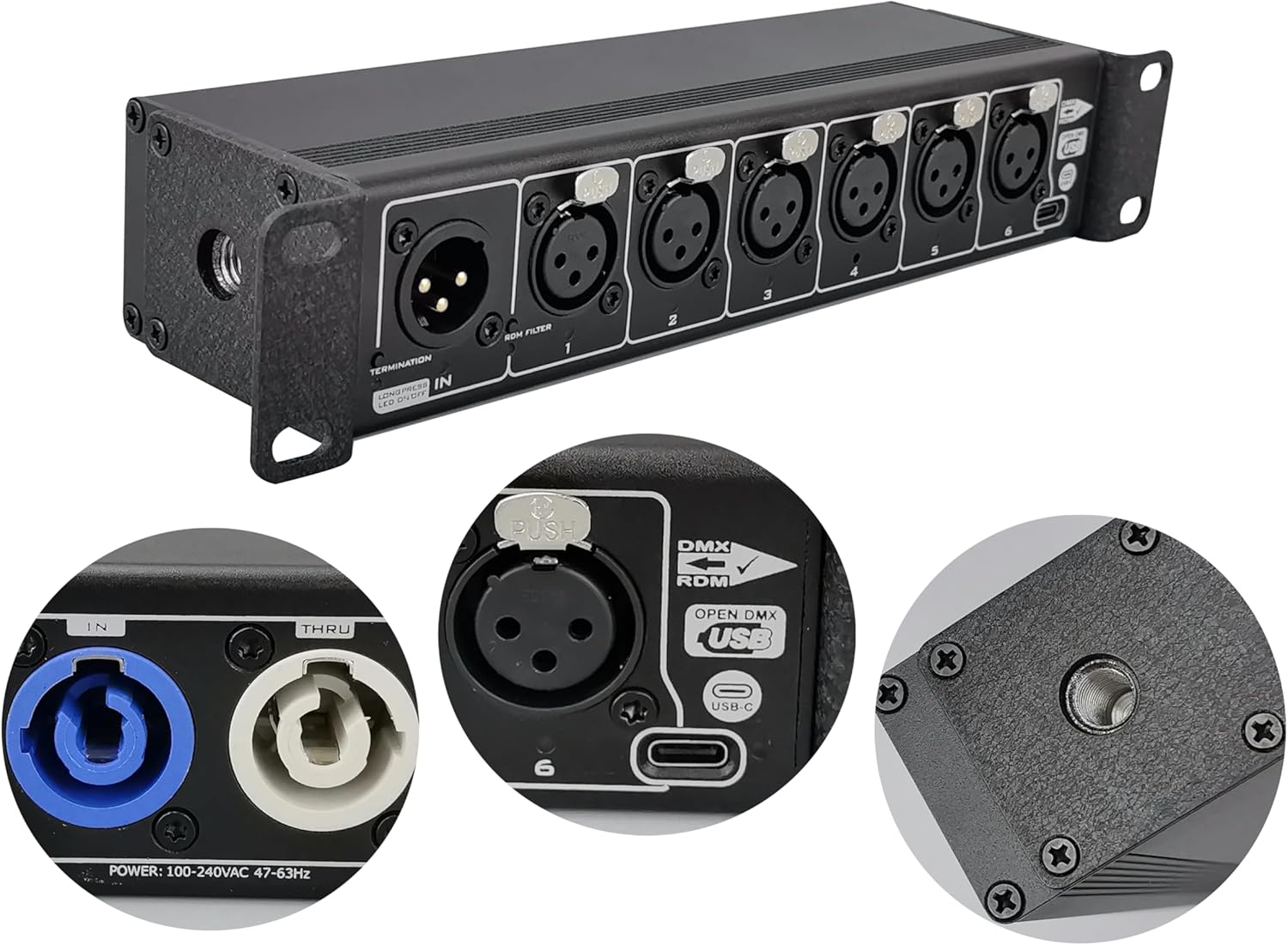6-port DMX RDM Splitter, Opto-isolated, Open-DMX USB, Power/DMX Through Connectors, Anodized Aluminum 1/2 Rack, 10“/19"Rack/Truss-mount(M10 hole)