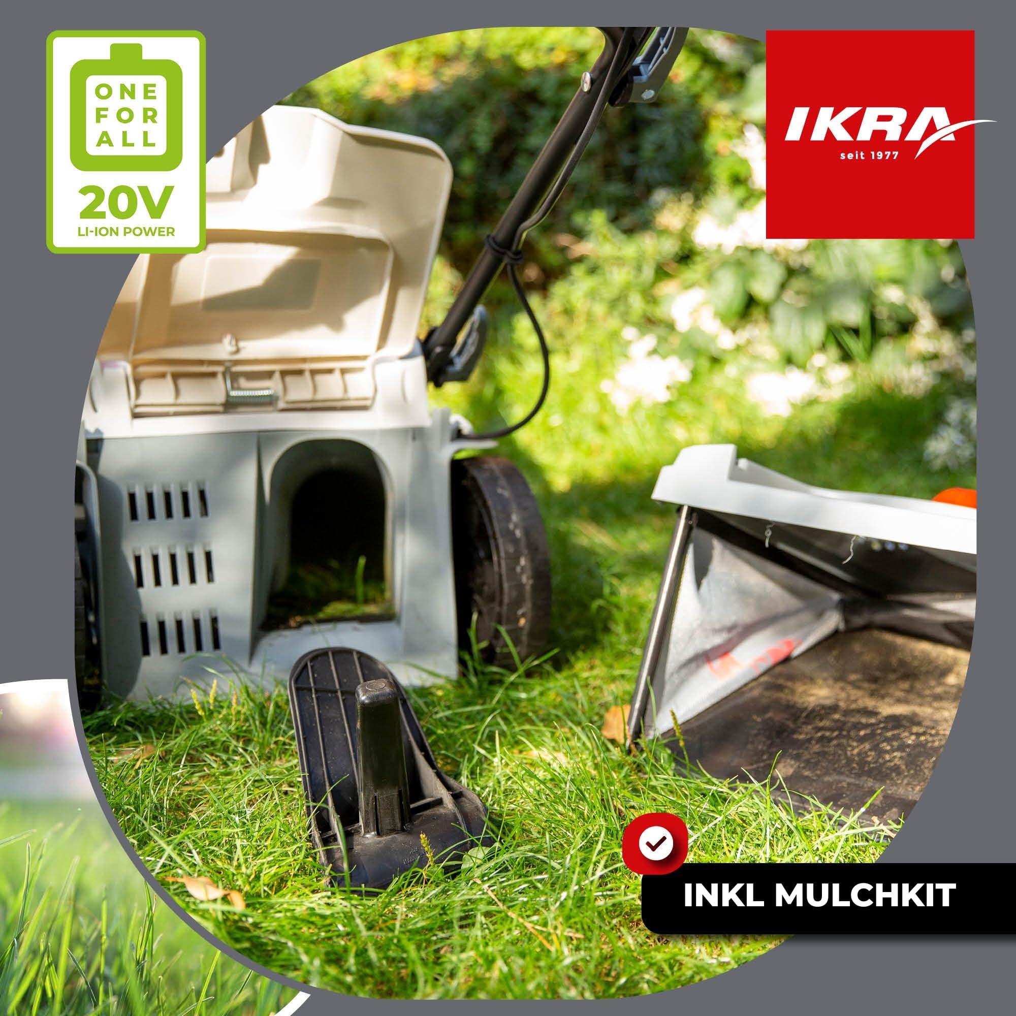 IKRA Rasenmäher ICM 2/2037, Breite 37cm, inkl. 2 Akkus 20V & Ladegerät | Schnitthöhe 25-75mm, Mulchmäher für Rasenflächen bis 250m², Holm höhenverstellbar, Fangsack 40l, 20V-Akku-Familie von IKRA