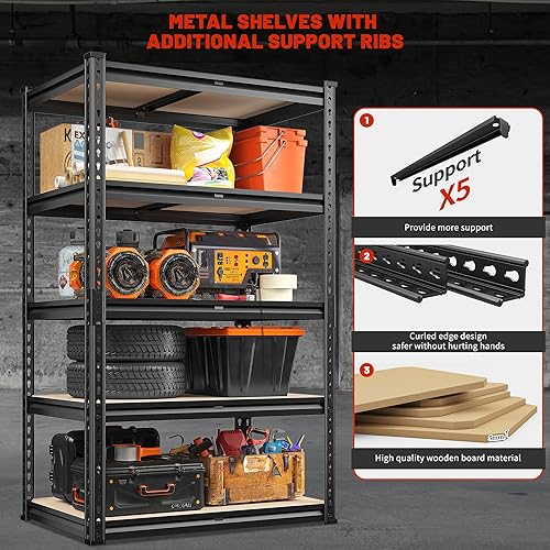 Miniatura 6 de REIBII Estantes de almacenamiento de 2020 libras, estantería de metal resistente, estantes de garaje de 5 niveles, estante de metal ajustable para