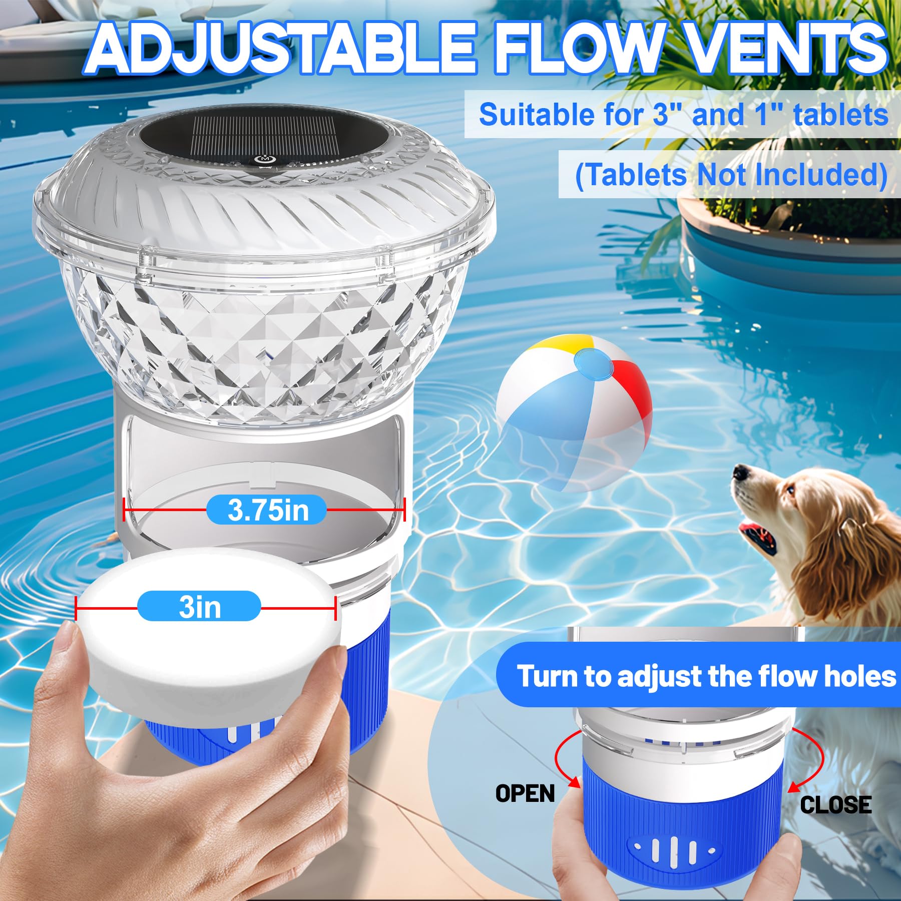 DeeprBling Diffuseur Chlore Piscine avec Solaire Lumière Marquise, Flotteur Chlore Piscine avec Bouton, Diffuseur Piscine Chlore Flottant à LED Changeant Couleur, Distributeur Chlore Flottant Piscine