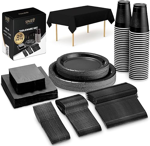 Juego de suministros negros para fiestas, platos de papel, vasos de plástico, tenedores, cuchillos, cucharas, servilletas, mantel para 20 invitados,