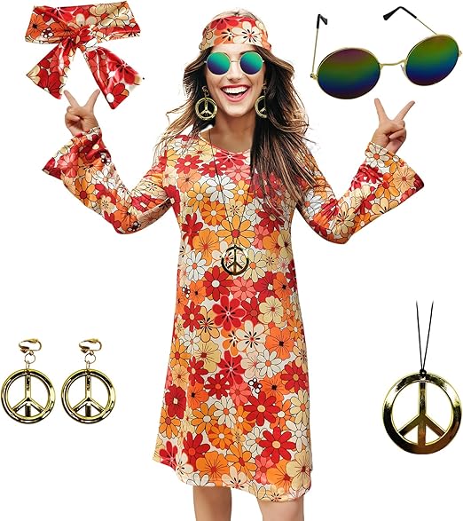 Lot De 7 Costumes Hippie Pour Femme - Style Années 70 - Pour Femme - Style Disco - Avec Collier, Boucles D'oreilles, Lunettes De Soleil, Bandeau, Pour Halloween, Carnaval, Cosplay, Fête