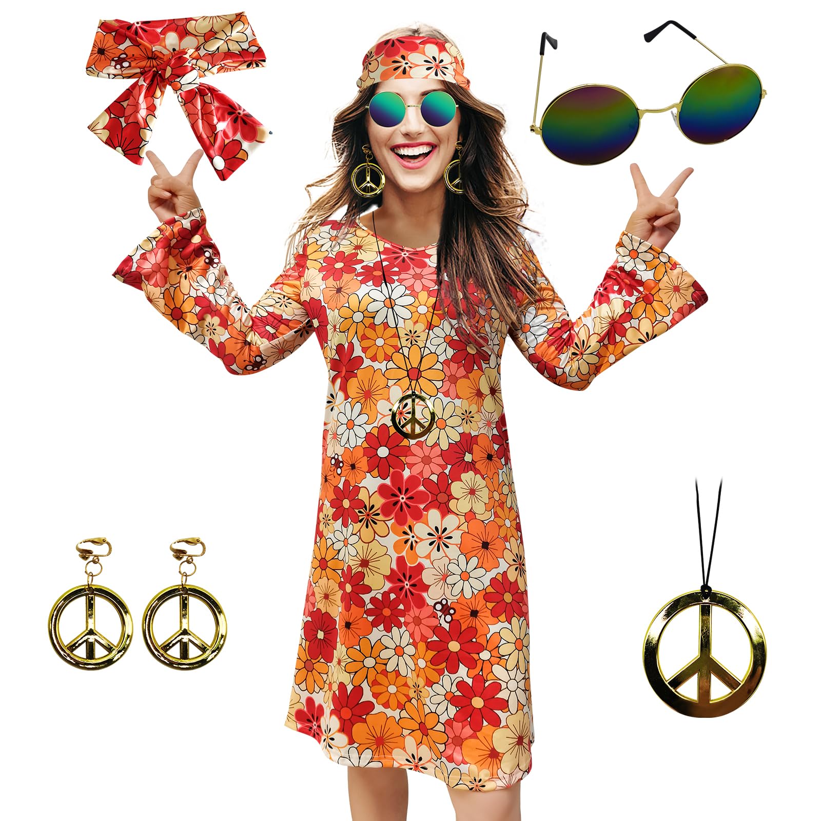 MRYUWB 70s Hippie Dress Costumes Necklace Earrings Sunglass Women Disco Outfit, 60s Party Costume, Halloween Retro Dresses, Flower Power Orange, Medium โ image 1
