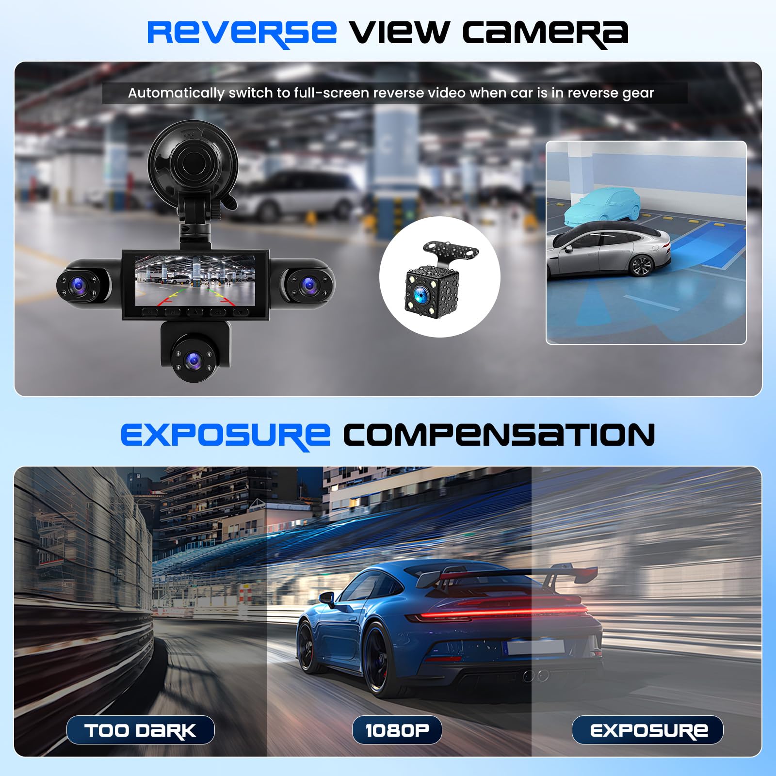 CAMECHO 5 Canales Visión Nocturna Dashcam 1080P Rotación 360° Cámara para Coche, Pantalla Dashcam de 3,16'' Modo Aparcamiento, Ayuda de Marcha Atrás, Grabación en Bucle, Detección de Movimiento