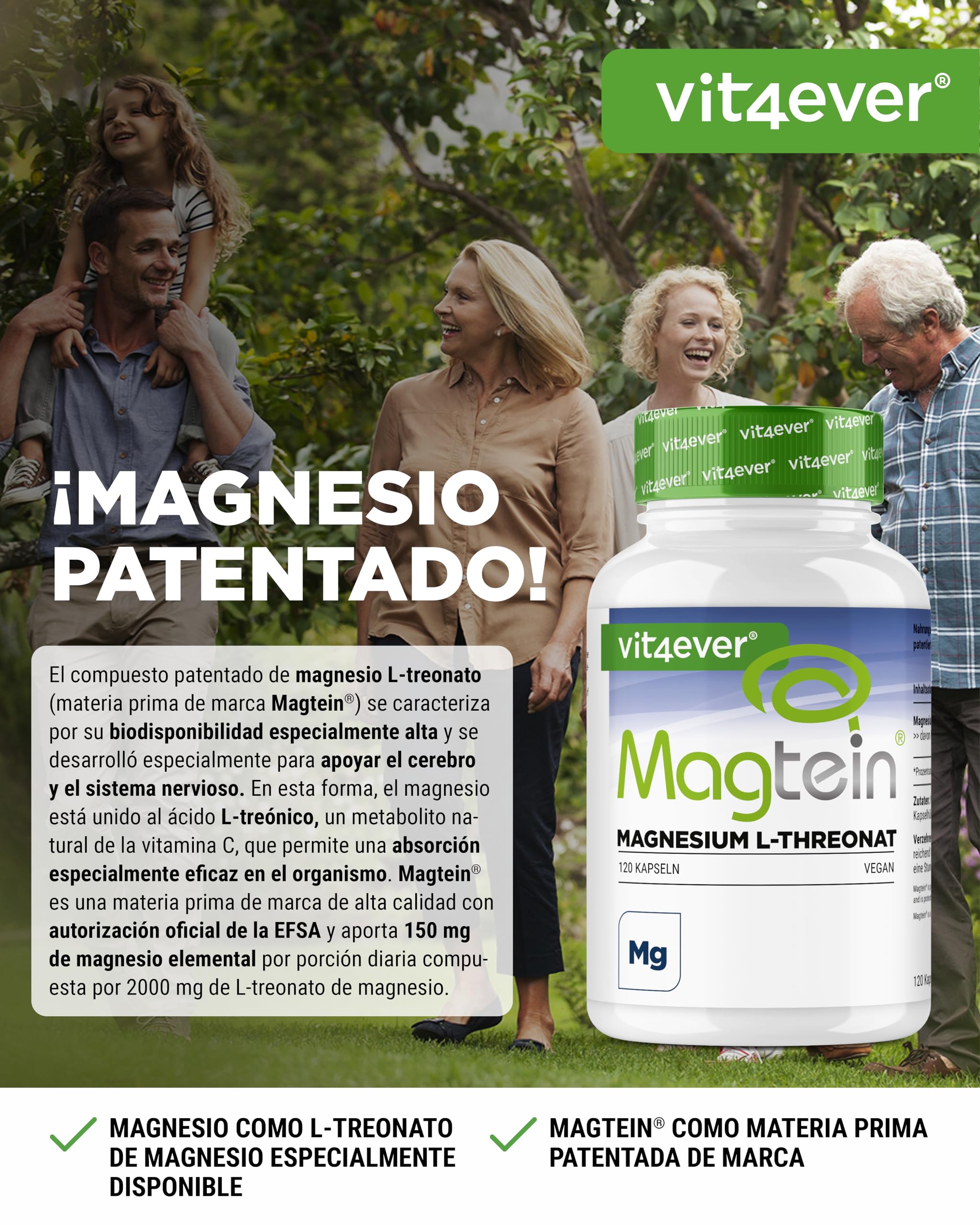vit4ever Magtein® Magnesio L-Treonato 120 Cápsulas - Alta Dosificación con 2000 mg de Magnesio L-Treonato puro por Día - Vegano