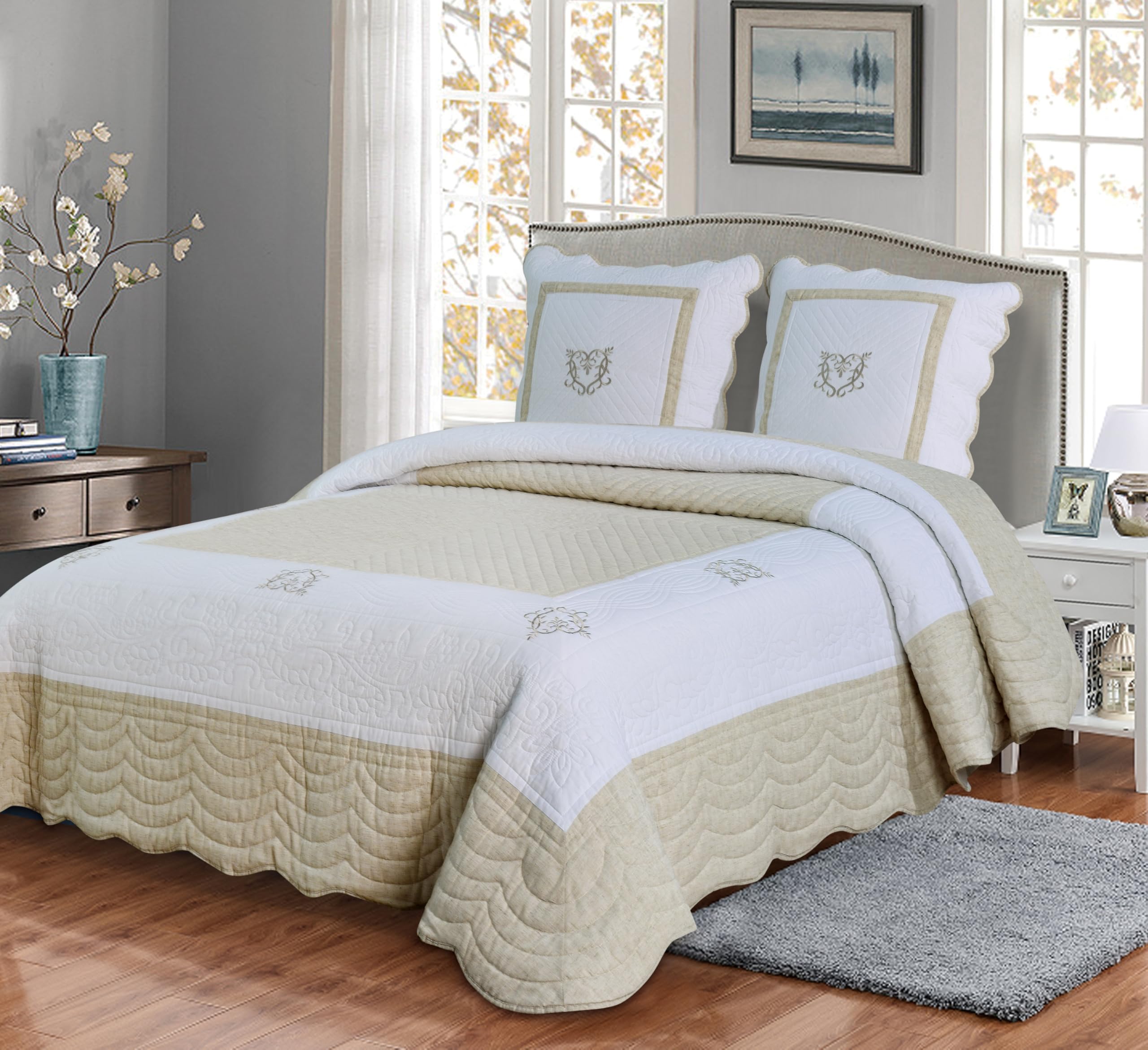 Générique Couvre lit boutis de Luxe 100% Coton 230X250cm avec 2 Taies 65X65cm_Peace Land Lin