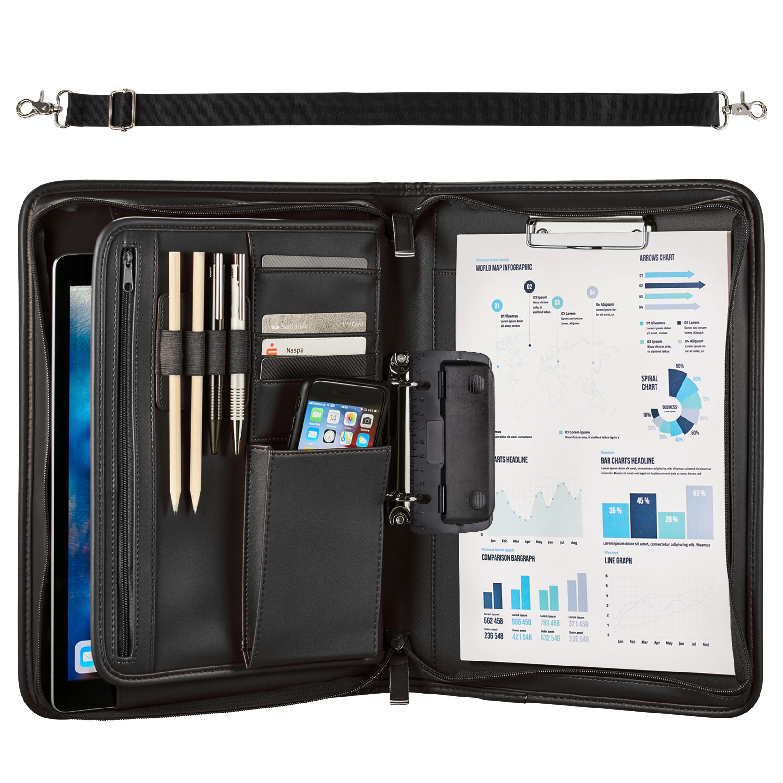ONVAYA® cartella per conferenze A4 | nero| argento | cartella d'affari | valigetta | valigetta con tampone | similpelle resistente | cartella documenti