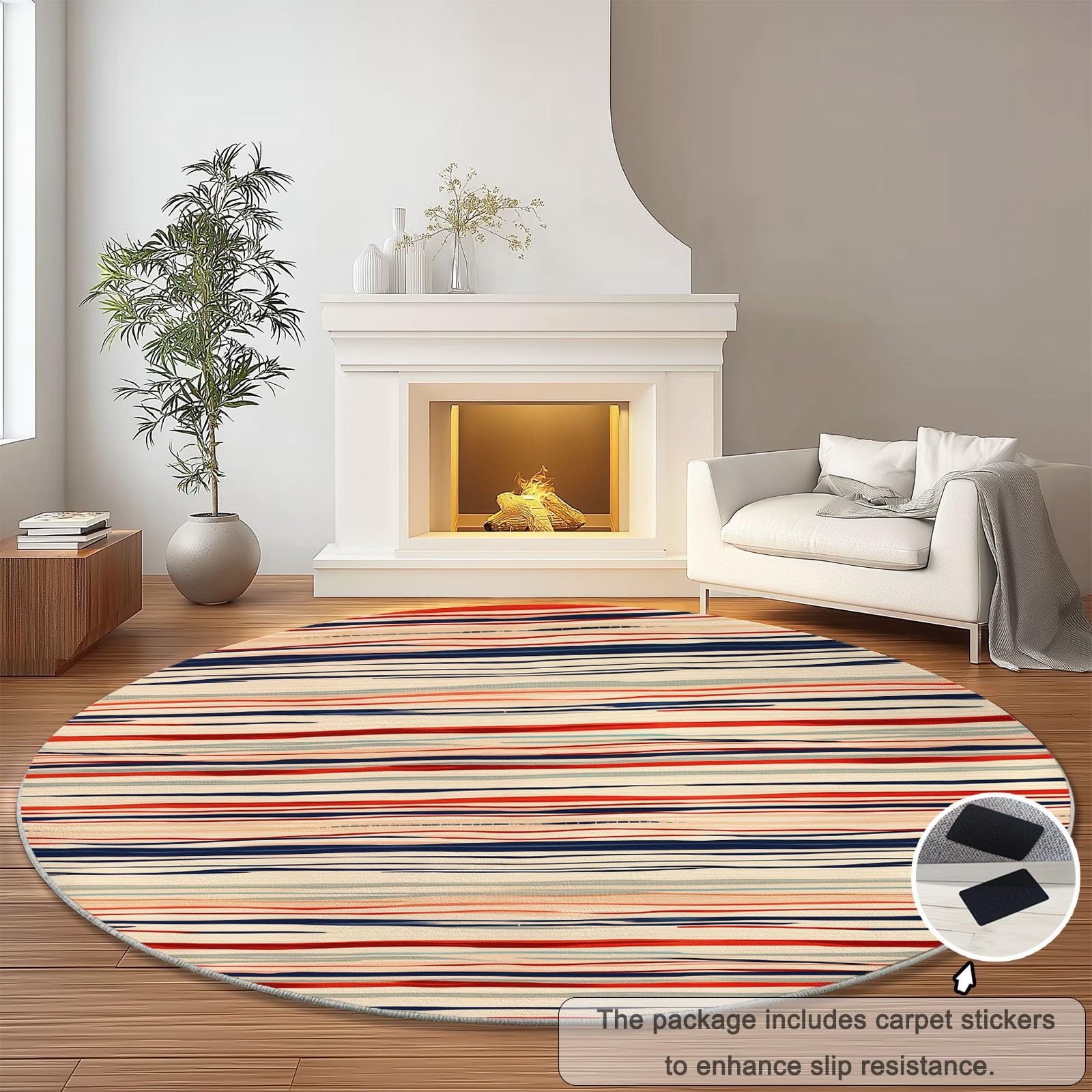 Tappeti Rotondi per Soggiorno, 120 cm, Stile Bohémien, a Righe Orizzontali, Lavabili, per Camera da Letto, Tappeto a Pelo Corto, Sottile, Antiscivolo per Sala da Pranzo, cameretta
