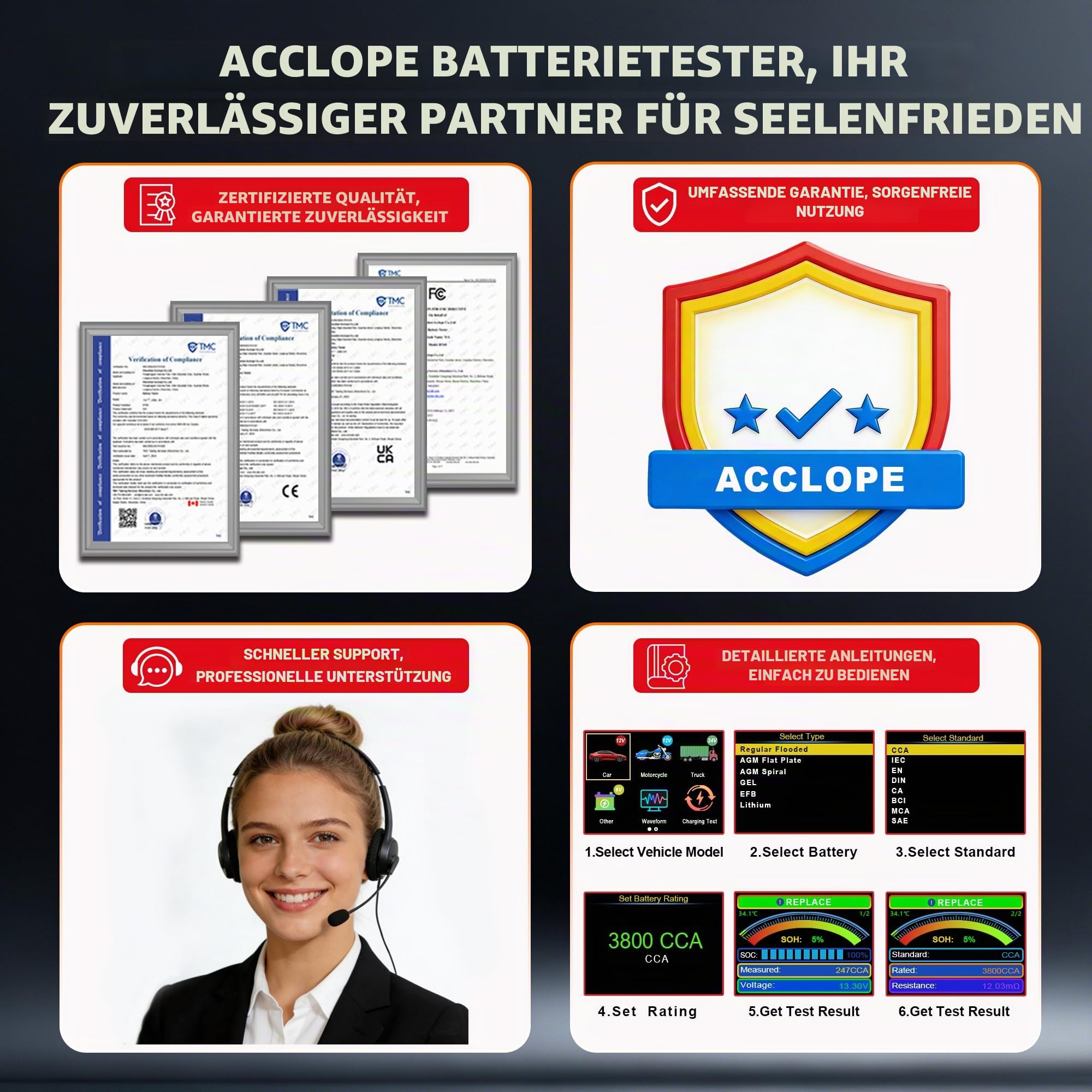 BT90 PRO Batterietester, 6V/12V/24V, für AGM/EFB/GEL/LiFePO4, 2-360Ah, 30-3800 CCA, mit Cloud-Print, Start-Stop-System Test, Schwarz, SAE/EN/IEC/CA/MCA, SOH/SOC/Spannung/Innenwiderstand