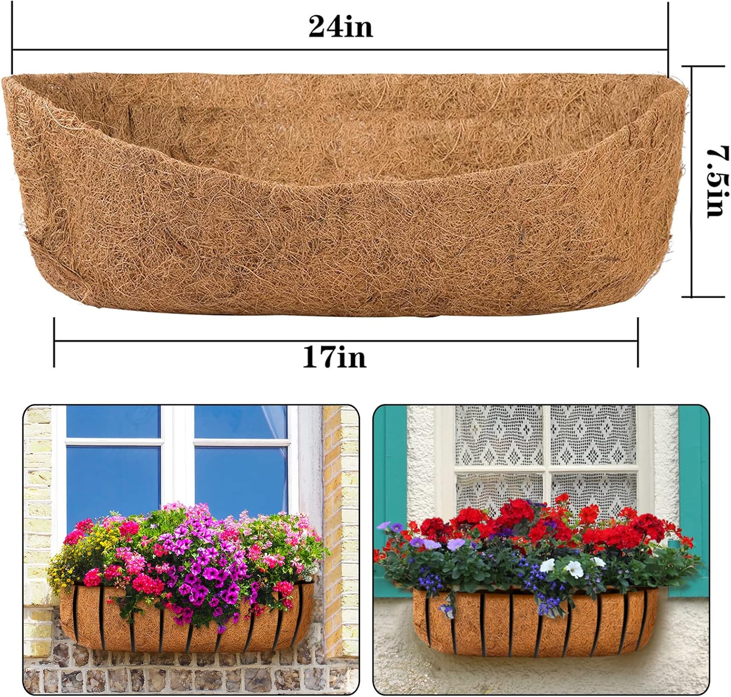 3 Pack Coco Liners for Window Planter Box - 24in 100% Natural Coconut Coir Fiber Liner Replacement for Deck Flower Box, Garden Railing Fence Trough, Wall Planter Basket, Vegetables Pot