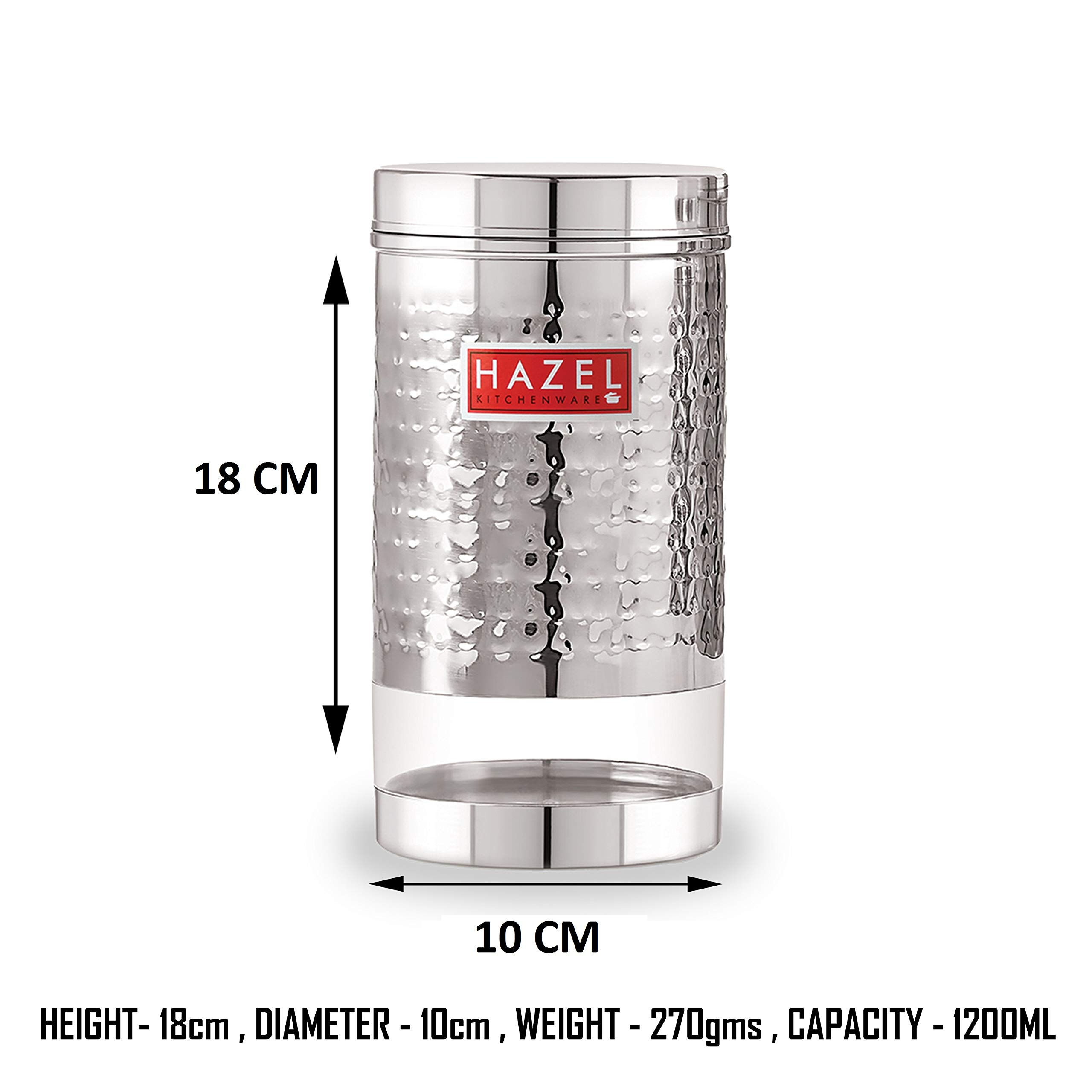 HAZEL Recipiente de acero inoxidable para almacenamiento de cocina, acabado martillado, transparente, brillante, tarro de almacenamiento Dabba, juego de 1, 1200 ml, plateado