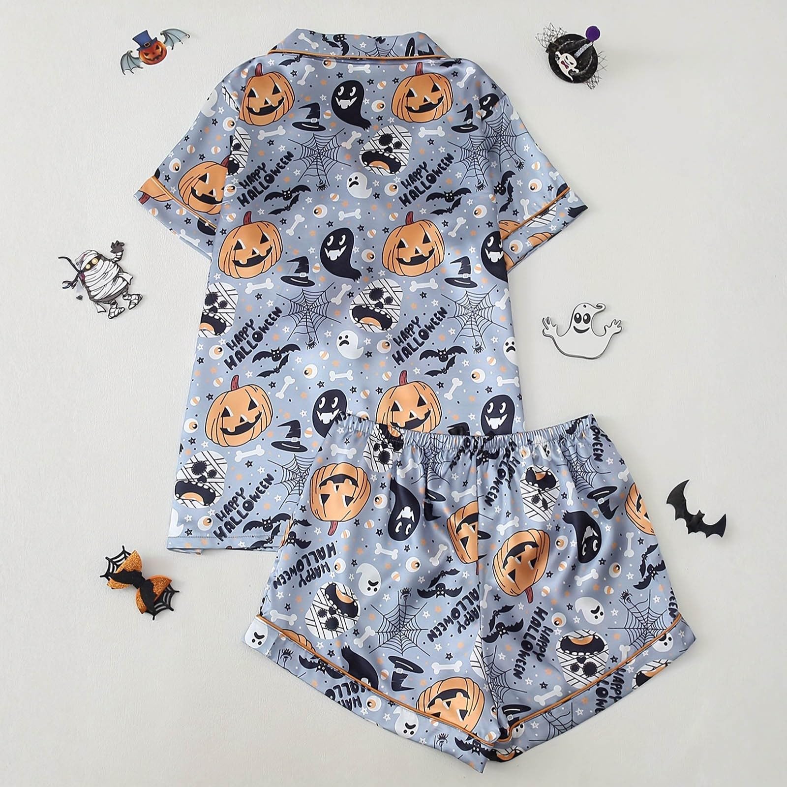 Conjunto de pijama de seda de satén con estampado de Halloween para mujer, camiseta de manga corta con botones y pantalones cortos, ropa casual, ropa de dos piezas, ropa de dormir cómoda para la