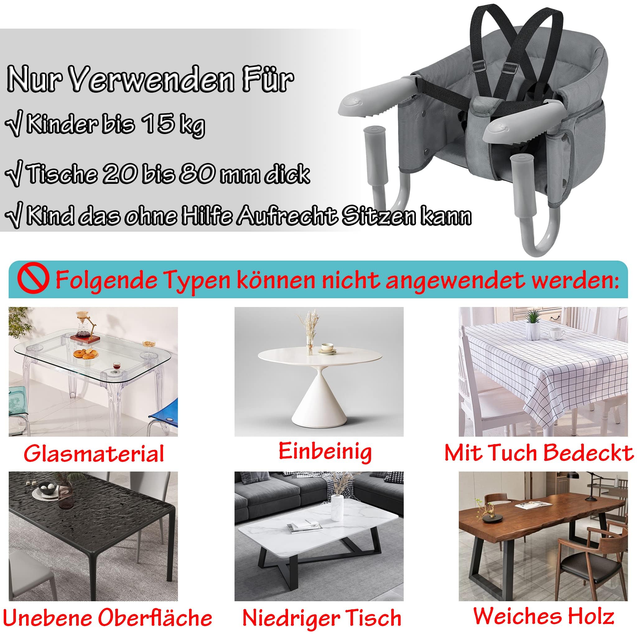Siège de table pour bébé - Assistance pour enfants - Chaise haute portable pour enfants - Pour la maison et les déplacements - Siège booster avec pinces antidérapantes et sac de siège - Gris