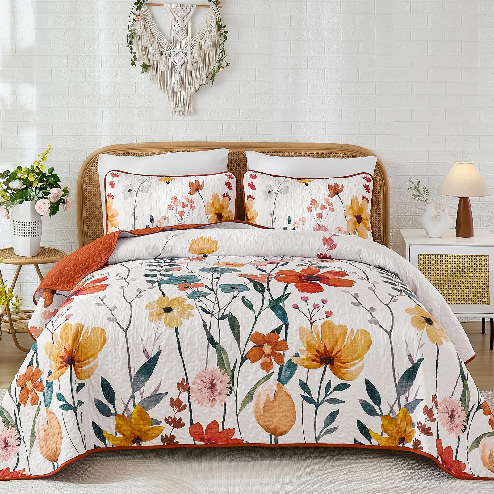 Anibedding Floral Quilt Set King, Burnt Orange Lightweight Fall Bedspread