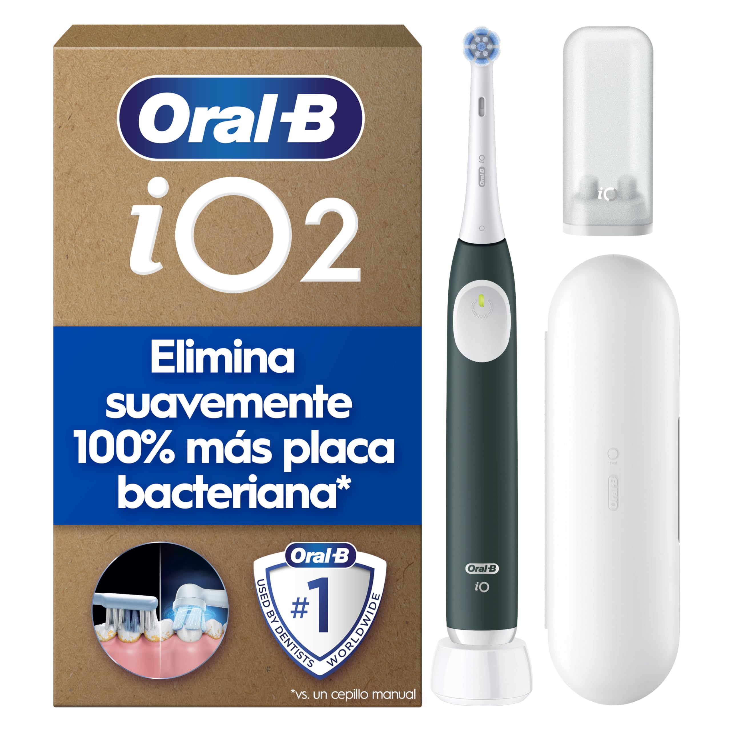 Oral-B iO 2 Cepillo de Dientes Eléctrico, 1 Cabezal, Estuche De Viaje, Verde Bosque - Cepillo Dental con Sensor De Presión, 3 Modos De Cepillado Y Temporizador, Soporte de Recambios de Viaje,