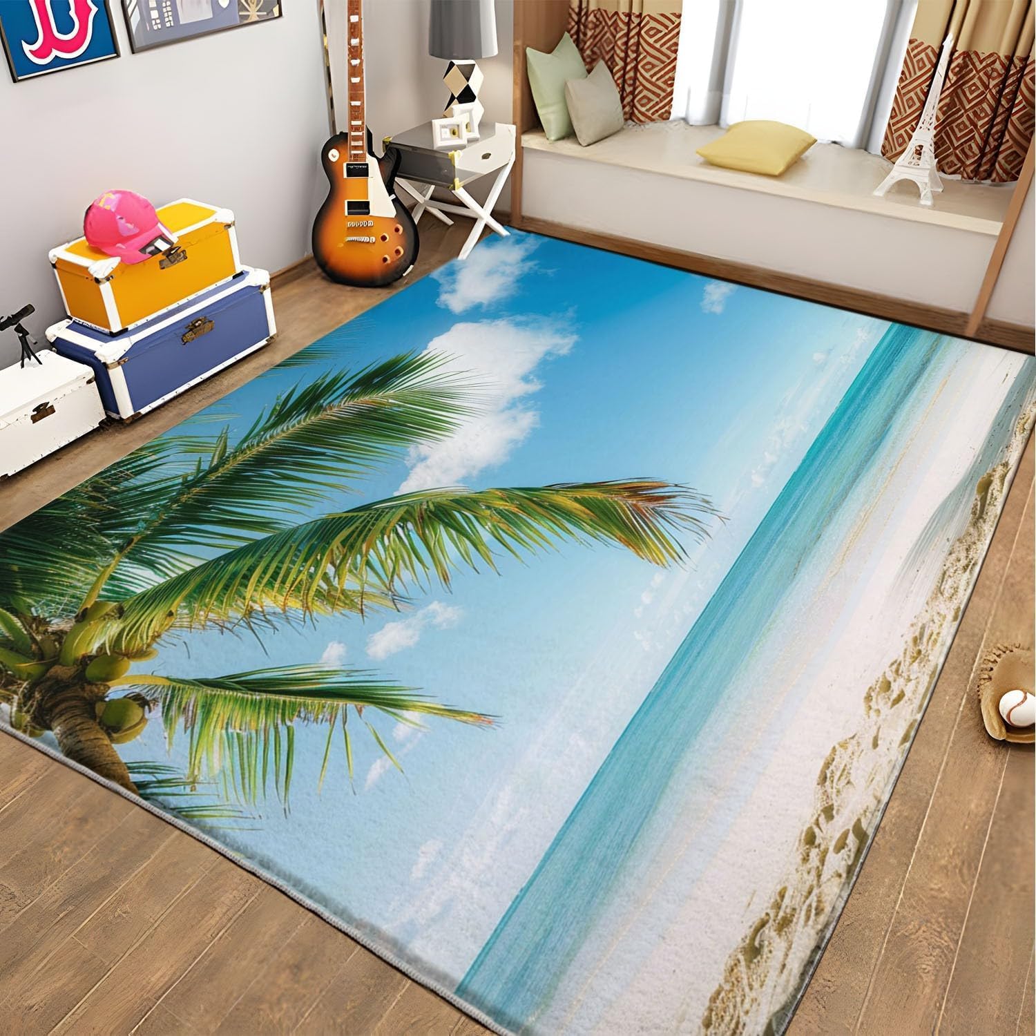 Teppich Wohnzimmer 80x150 cm Meerblick 3D Teppich Natürliche Tropen Küche Esszimmer Schlafzimmer Teppich Kurzflor rutschfest Waschbar Teppiche Weich Pflegeleicht Y9454