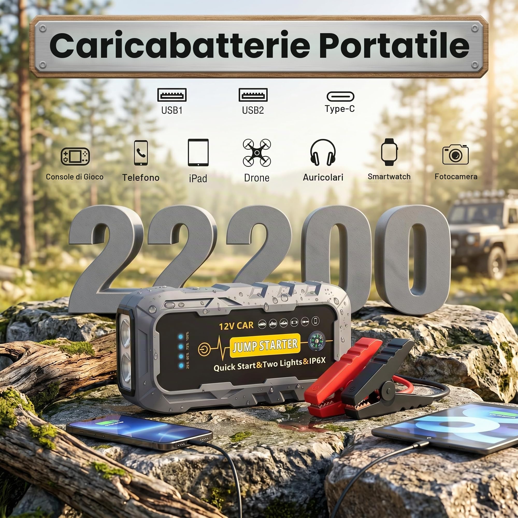 Avviatore per auto 3000A picco 2000A corrente di avviamento, Power bank portatile per batteria auto 12V per tutti i veicoli a benzina e diesel, con cavi booster intelligenti, torcia LED e porte USB